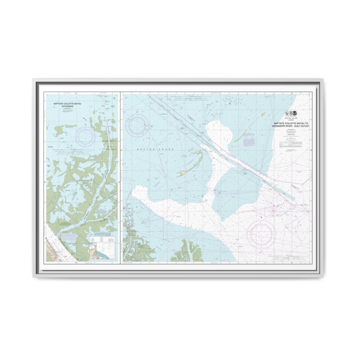 Chart 11353 Baptiste Collette Bayou to Mississippi River Gulf Outlet;Baptiste Collette Bayou Extension - NOAA Nautical Chart Floating Frame Canvas | 30" x 20" | 36" x 24" | 48" x 32" - White front
