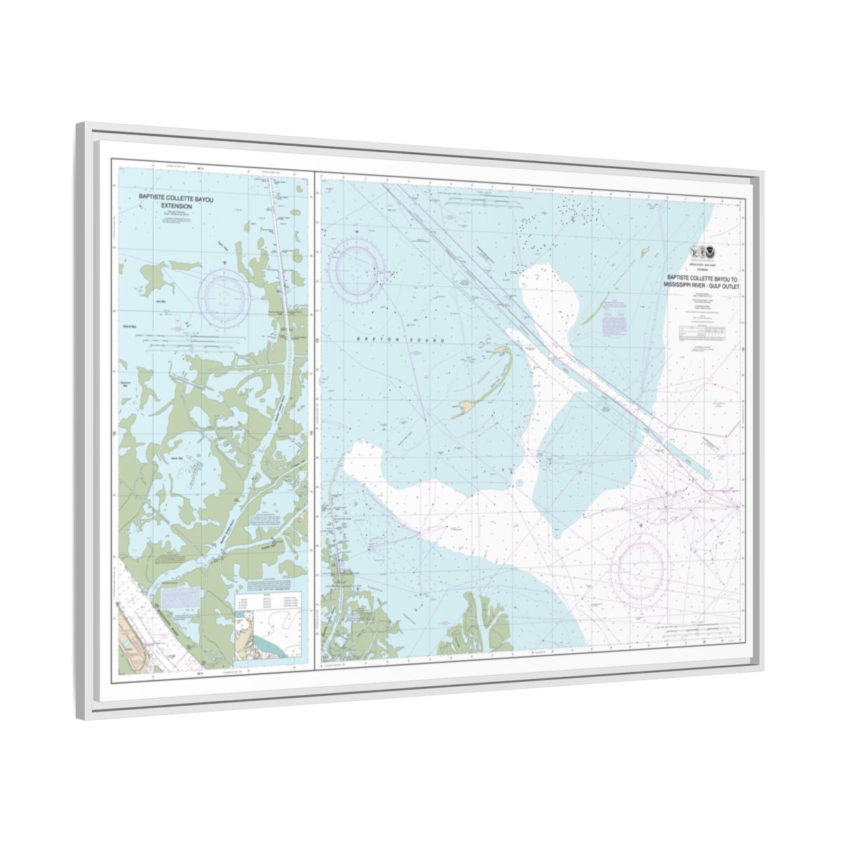 Chart 11353 Baptiste Collette Bayou to Mississippi River Gulf Outlet;Baptiste Collette Bayou Extension - NOAA Nautical Chart Floating Frame Canvas | 30" x 20" | 36" x 24" | 48" x 32" - White side