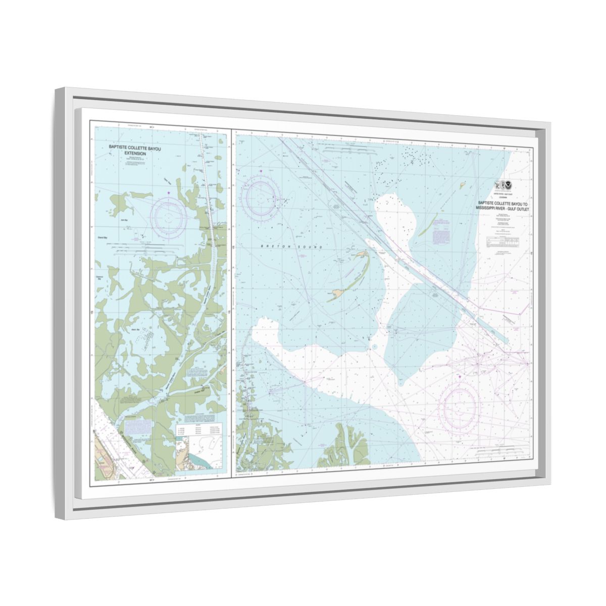 Chart 11353 Baptiste Collette Bayou to Mississippi River Gulf Outlet;Baptiste Collette Bayou Extension - NOAA Nautical Chart Floating Frame Canvas | 30" x 20" | 36" x 24" | 48" x 32" - White side