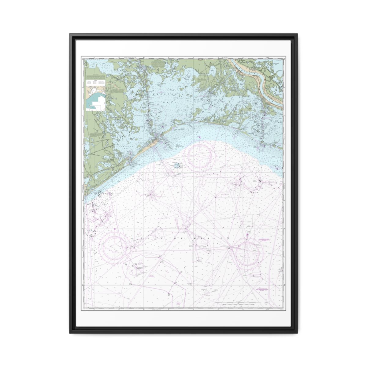 Chart 11358 Barataria Bay and approaches - NOAA Nautical Chart Floating Frame Canvas | 24" x 32" | 30" x 40" - Black front