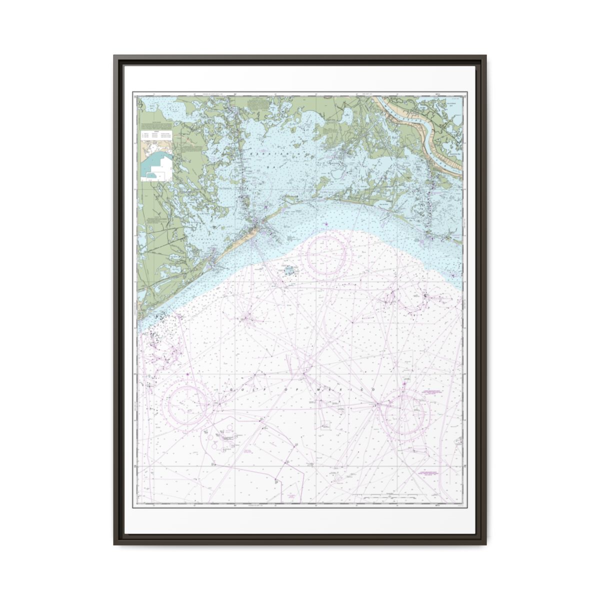 Chart 11358 Barataria Bay and approaches - NOAA Nautical Chart Floating Frame Canvas | 24" x 32" | 30" x 40" - Espresso front