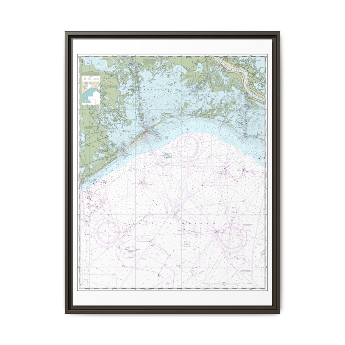 Chart 11358 Barataria Bay and approaches - NOAA Nautical Chart Floating Frame Canvas | 24" x 32" | 30" x 40" - Espresso front