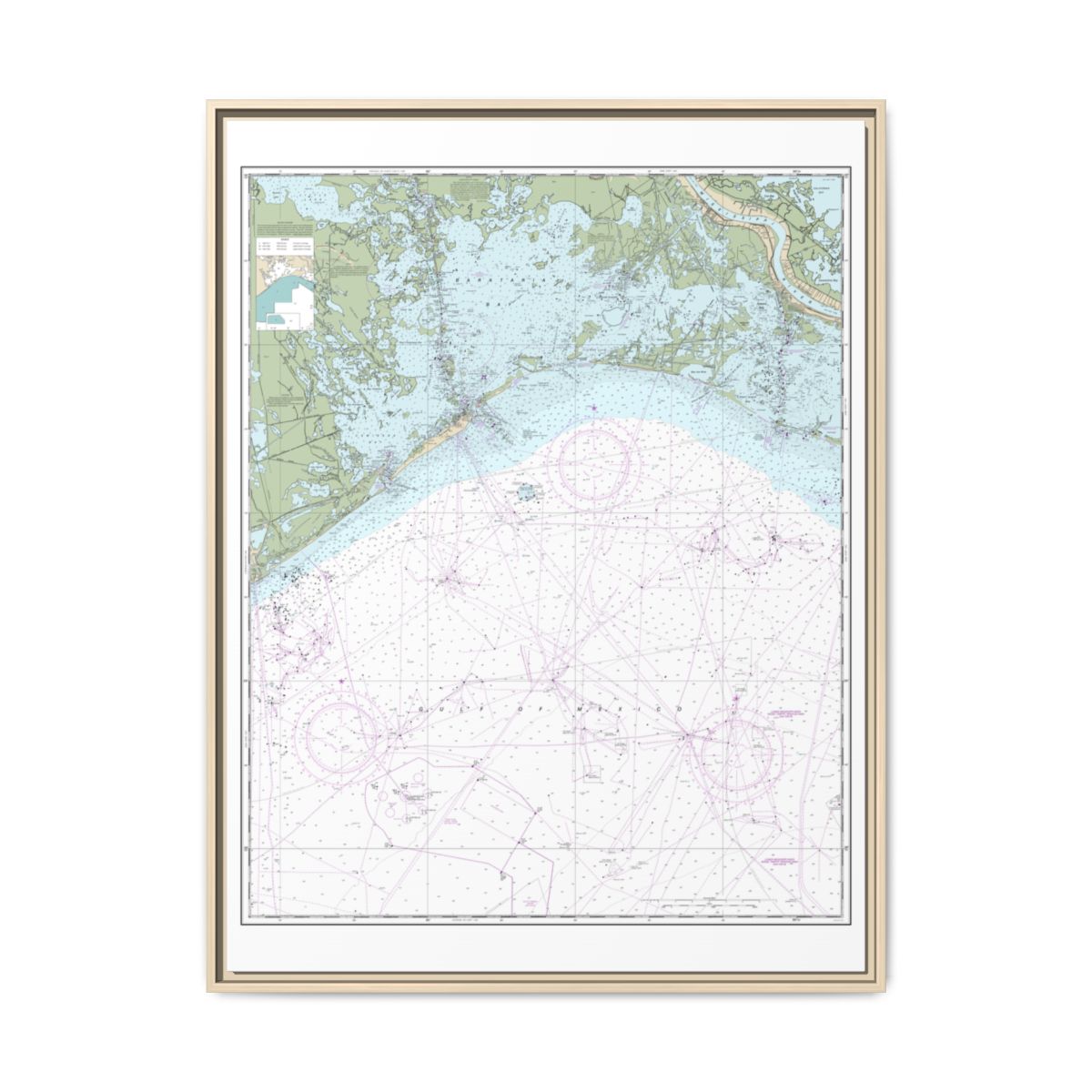 Chart 11358 Barataria Bay and approaches - NOAA Nautical Chart Floating Frame Canvas | 24" x 32" | 30" x 40" - Natural front