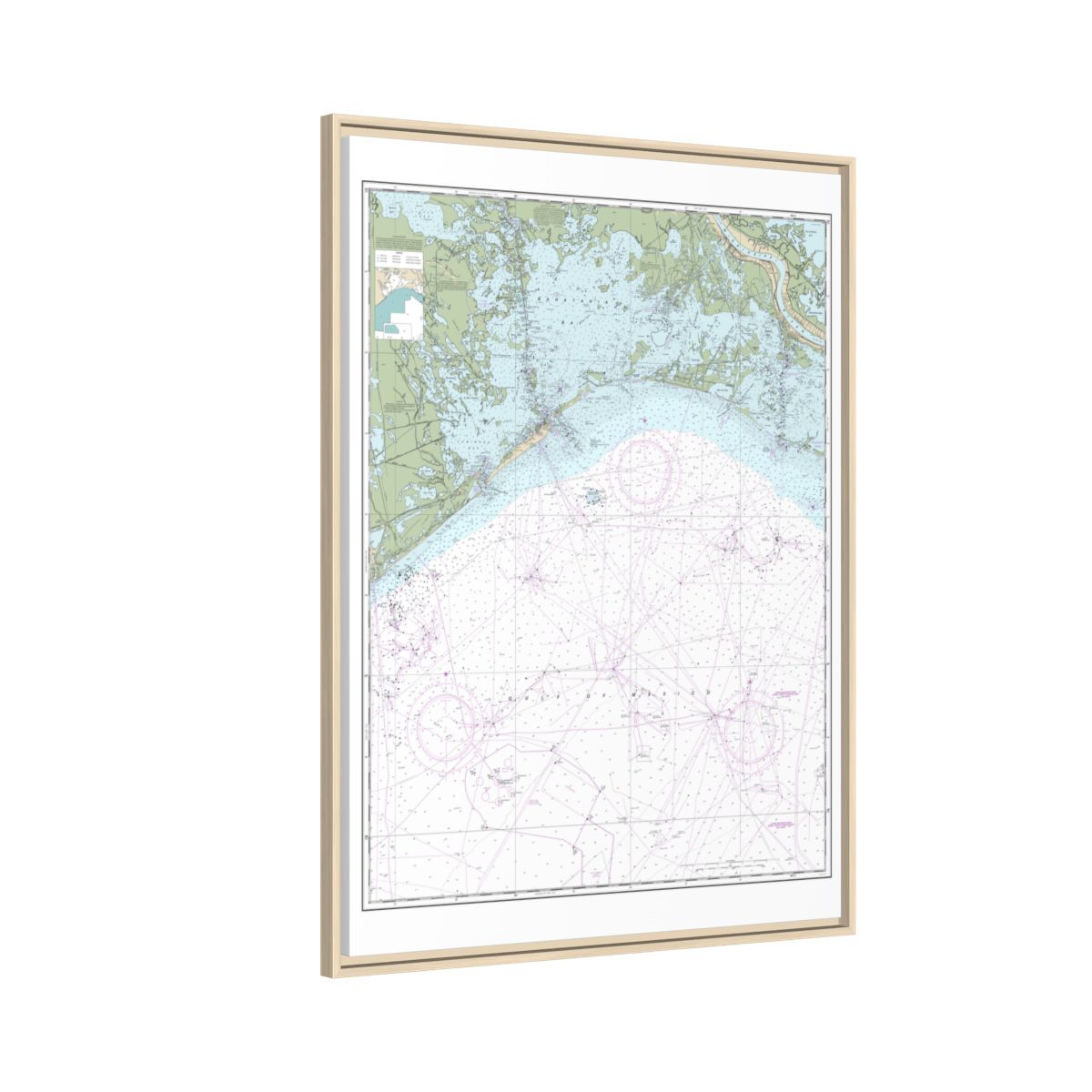 Chart 11358 Barataria Bay and approaches - NOAA Nautical Chart Floating Frame Canvas | 24" x 32" | 30" x 40" - Natural side