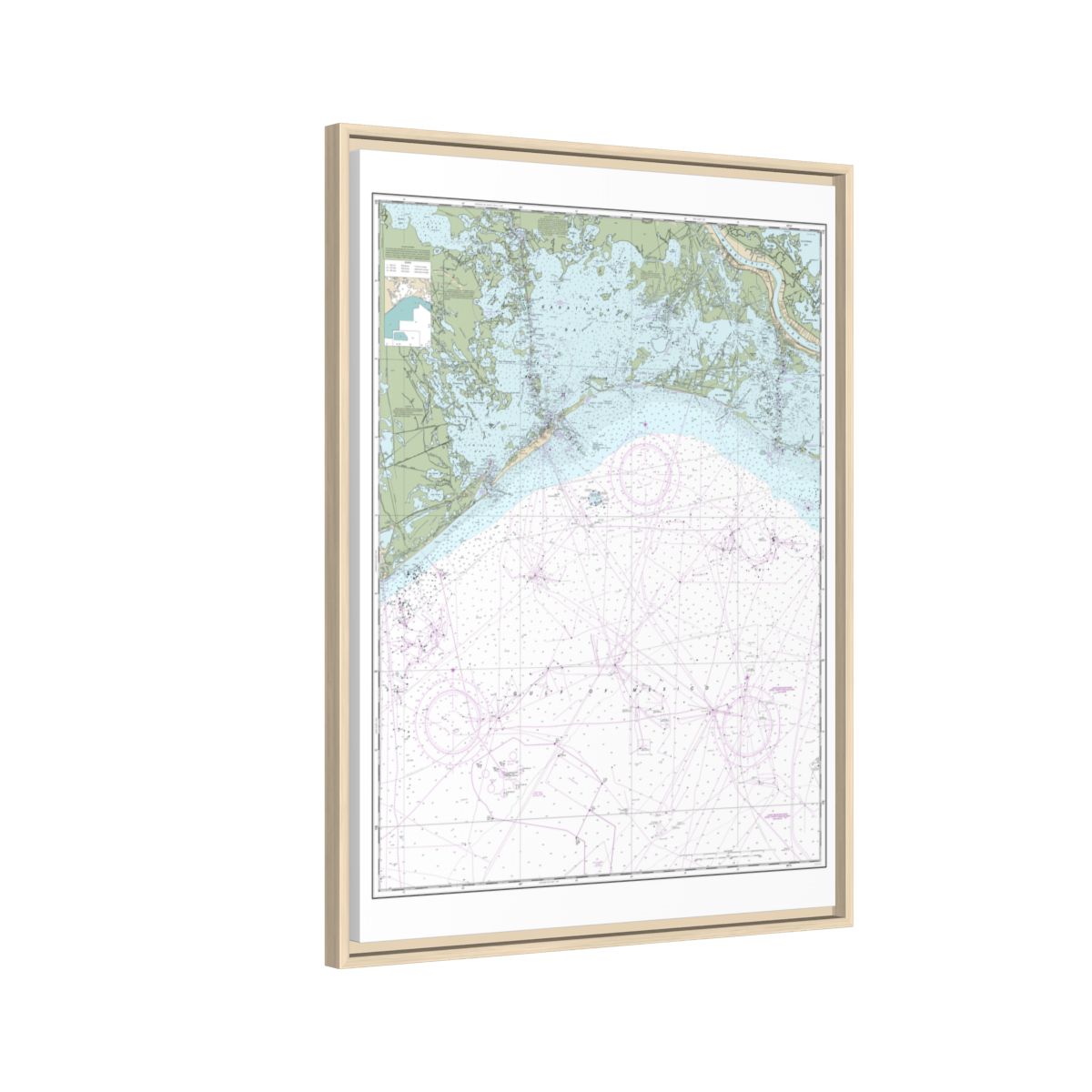 Chart 11358 Barataria Bay and approaches - NOAA Nautical Chart Floating Frame Canvas | 24" x 32" | 30" x 40" - Natural side