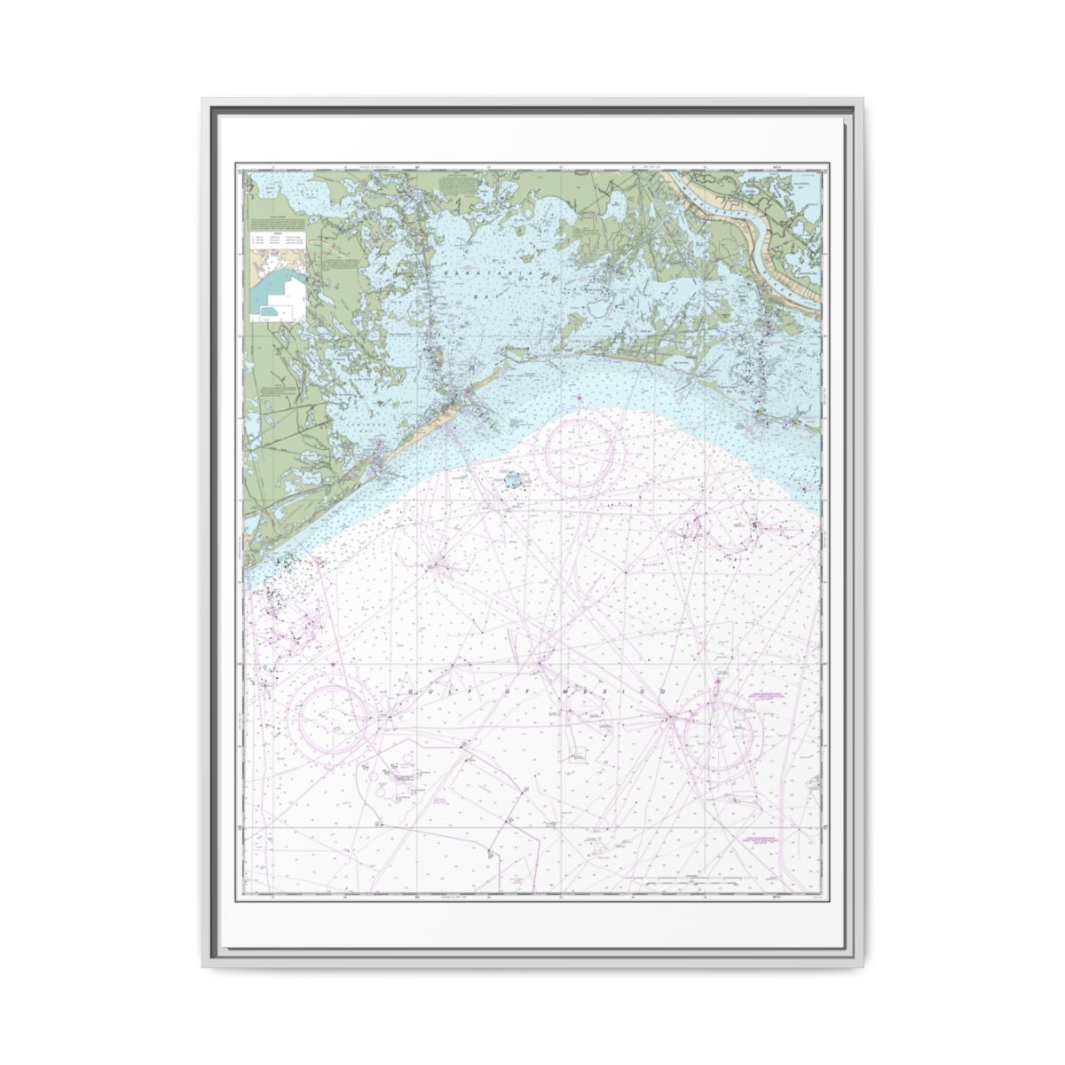 Chart 11358 Barataria Bay and approaches - NOAA Nautical Chart Floating Frame Canvas | 24" x 32" | 30" x 40" - White front