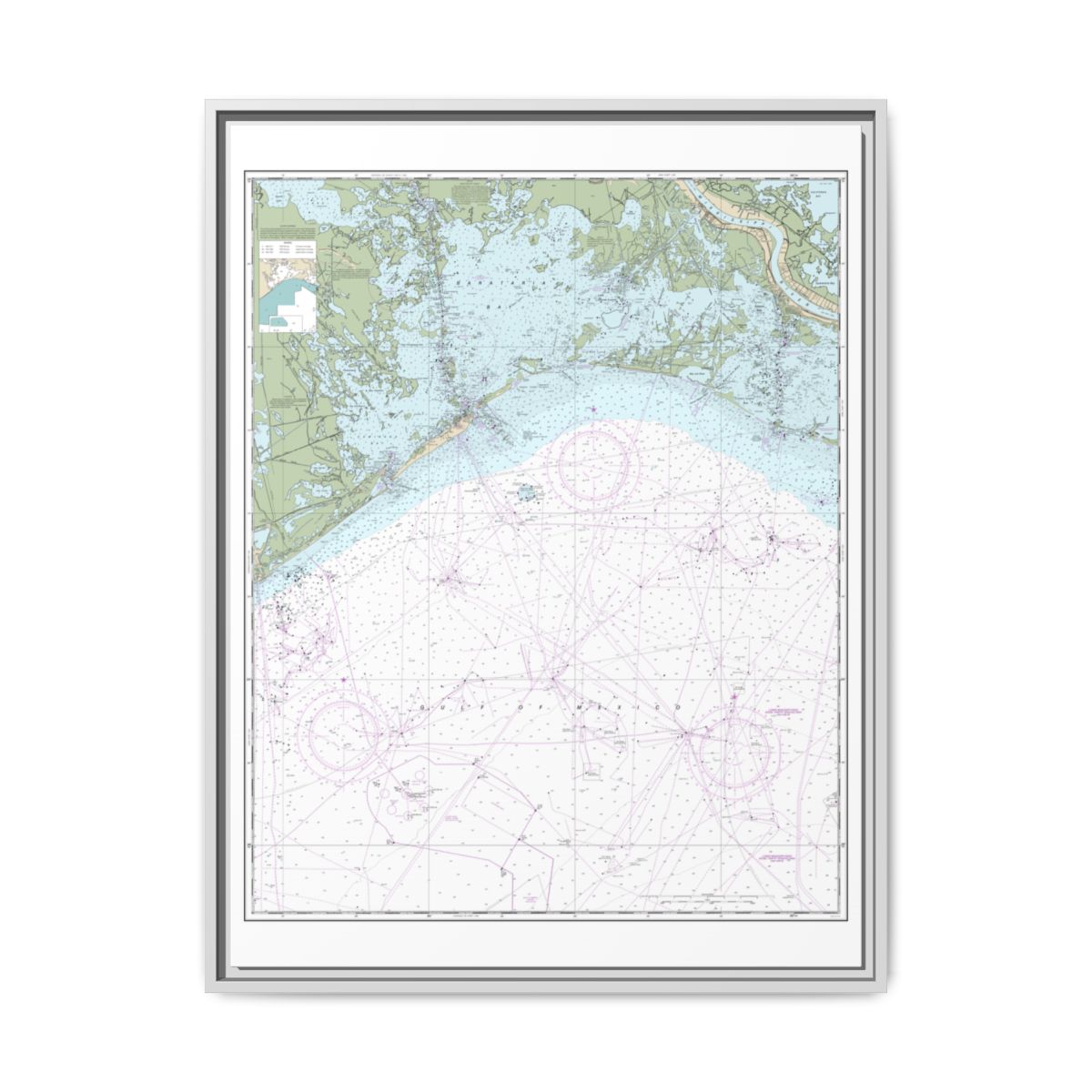 Chart 11358 Barataria Bay and approaches - NOAA Nautical Chart Floating Frame Canvas | 24" x 32" | 30" x 40" - White front