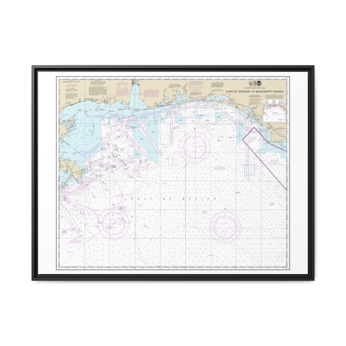 Chart 11360 Cape St. George to Mississippi Passes - NOAA Nautical Chart Floating Frame Canvas | 32" x 24" | 40" x 30" - Black front