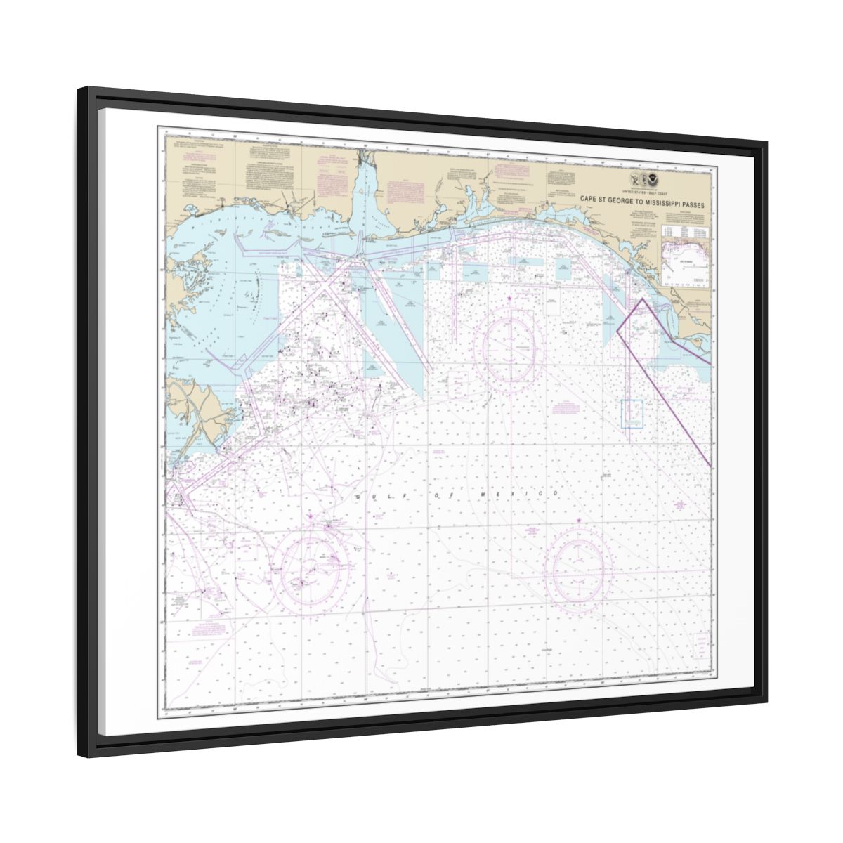 Chart 11360 Cape St. George to Mississippi Passes - NOAA Nautical Chart Floating Frame Canvas | 32" x 24" | 40" x 30" - Black side