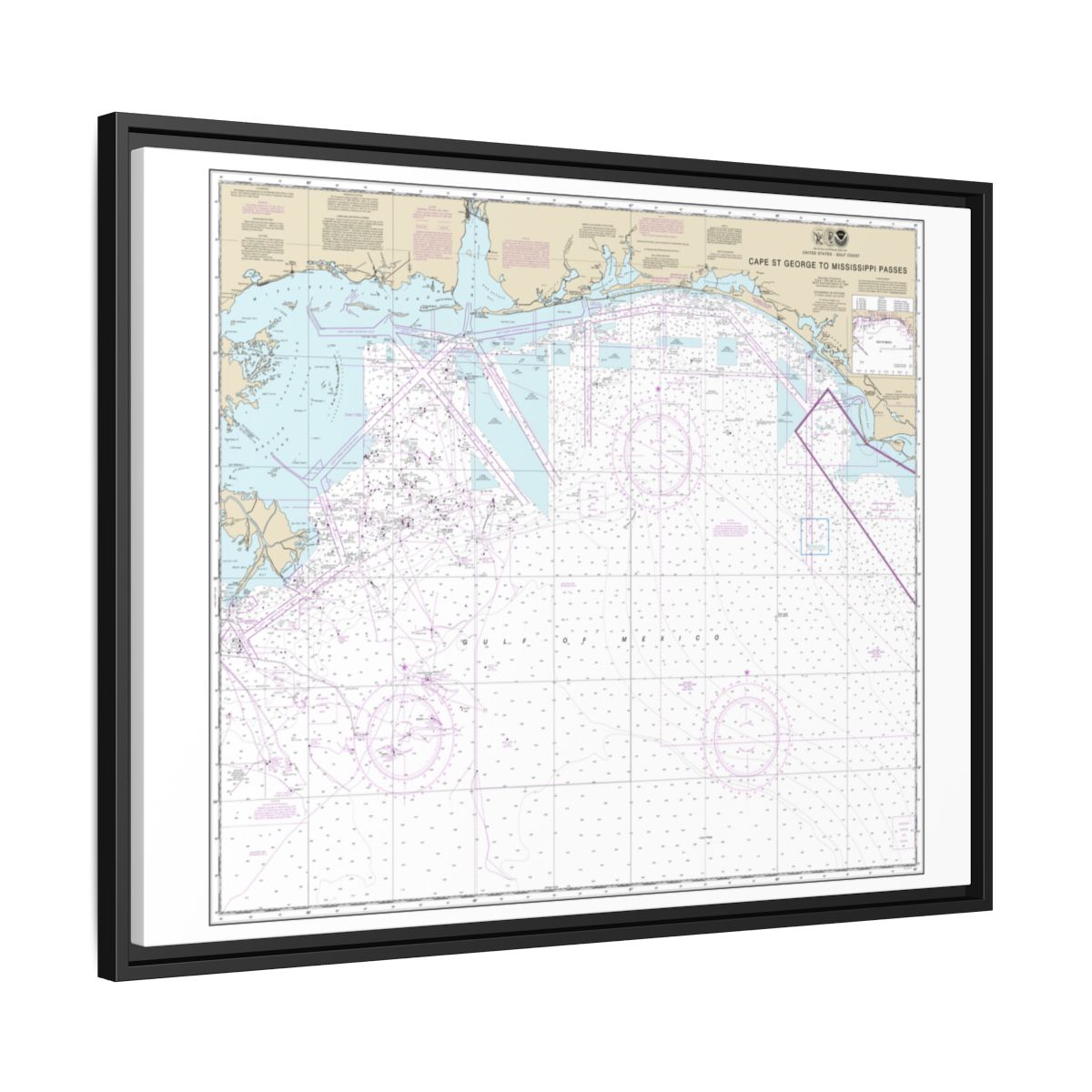 Chart 11360 Cape St. George to Mississippi Passes - NOAA Nautical Chart Floating Frame Canvas | 32" x 24" | 40" x 30" - Black side