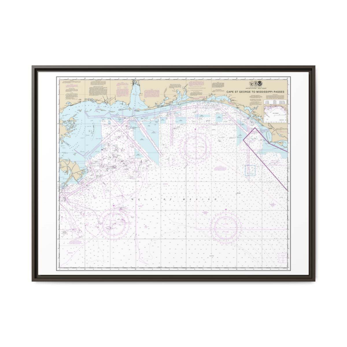 Chart 11360 Cape St. George to Mississippi Passes - NOAA Nautical Chart Floating Frame Canvas | 32" x 24" | 40" x 30" - Espresso front