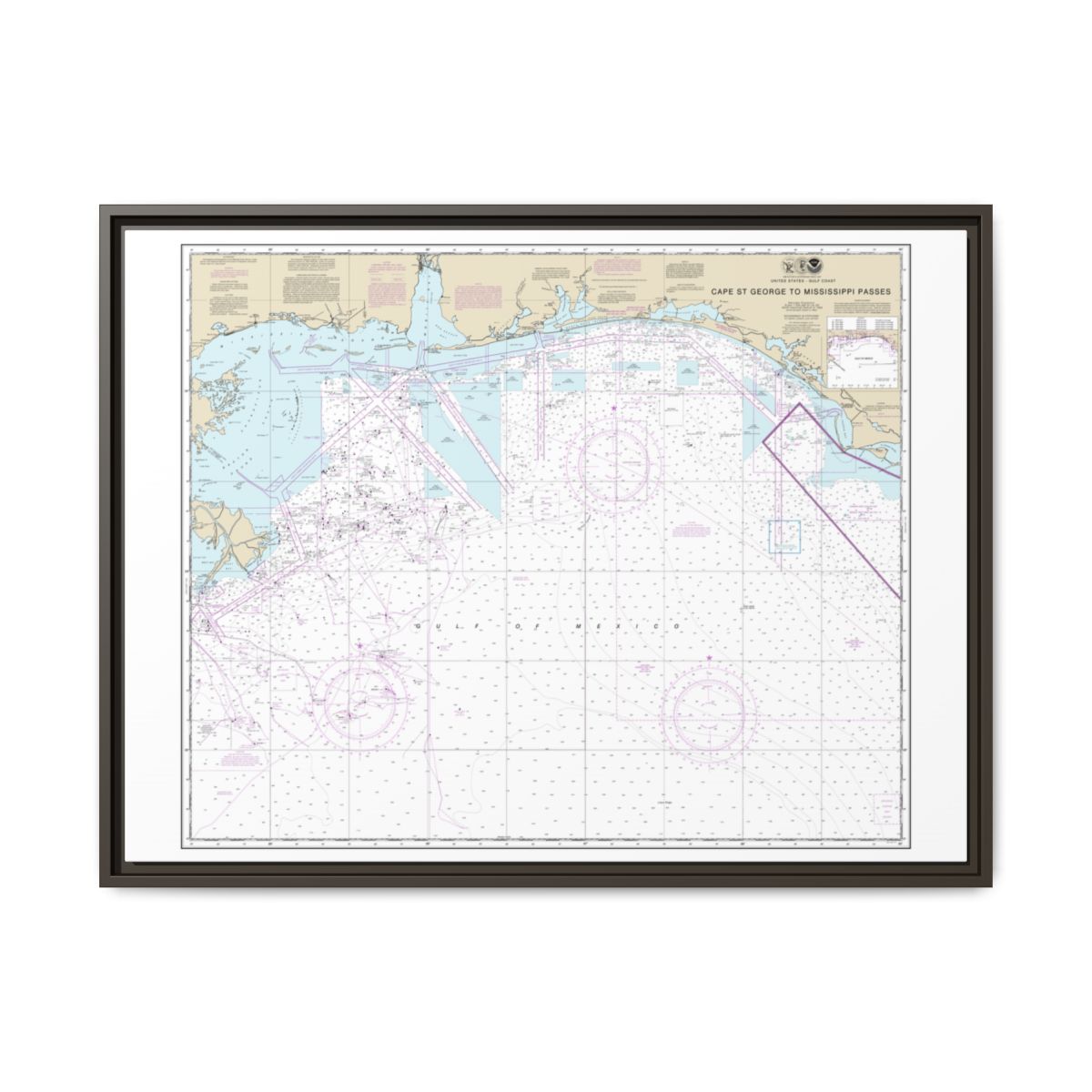 Chart 11360 Cape St. George to Mississippi Passes - NOAA Nautical Chart Floating Frame Canvas | 32" x 24" | 40" x 30" - Espresso front