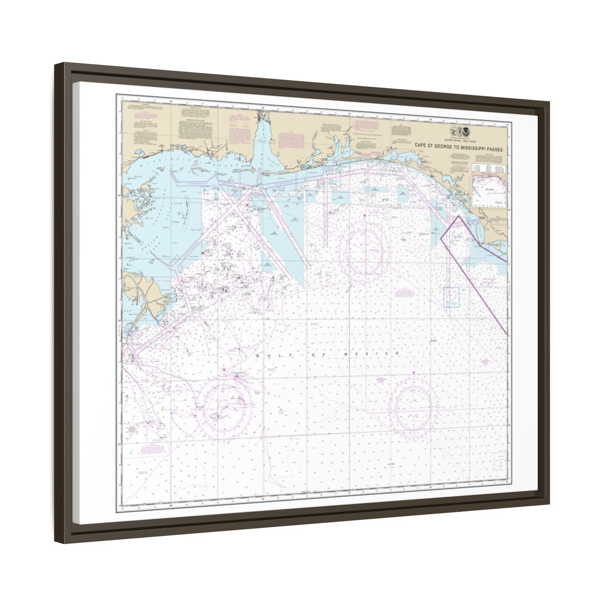 Chart 11360 Cape St. George to Mississippi Passes - NOAA Nautical Chart Floating Frame Canvas | 32" x 24" | 40" x 30" - Espresso side
