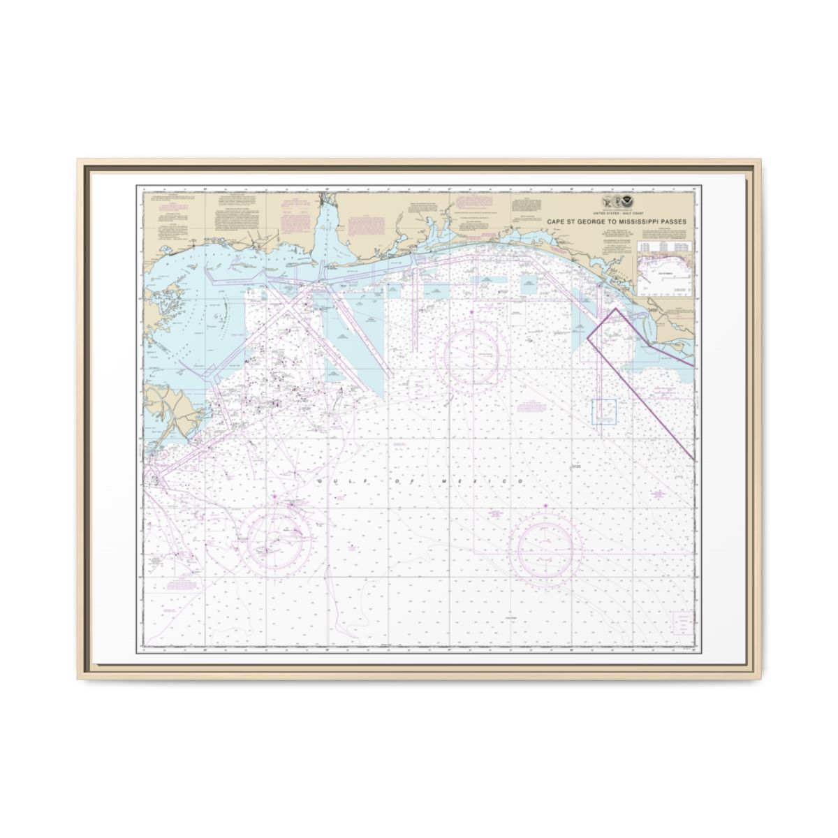 Chart 11360 Cape St. George to Mississippi Passes - NOAA Nautical Chart Floating Frame Canvas | 32" x 24" | 40" x 30" - Natural front