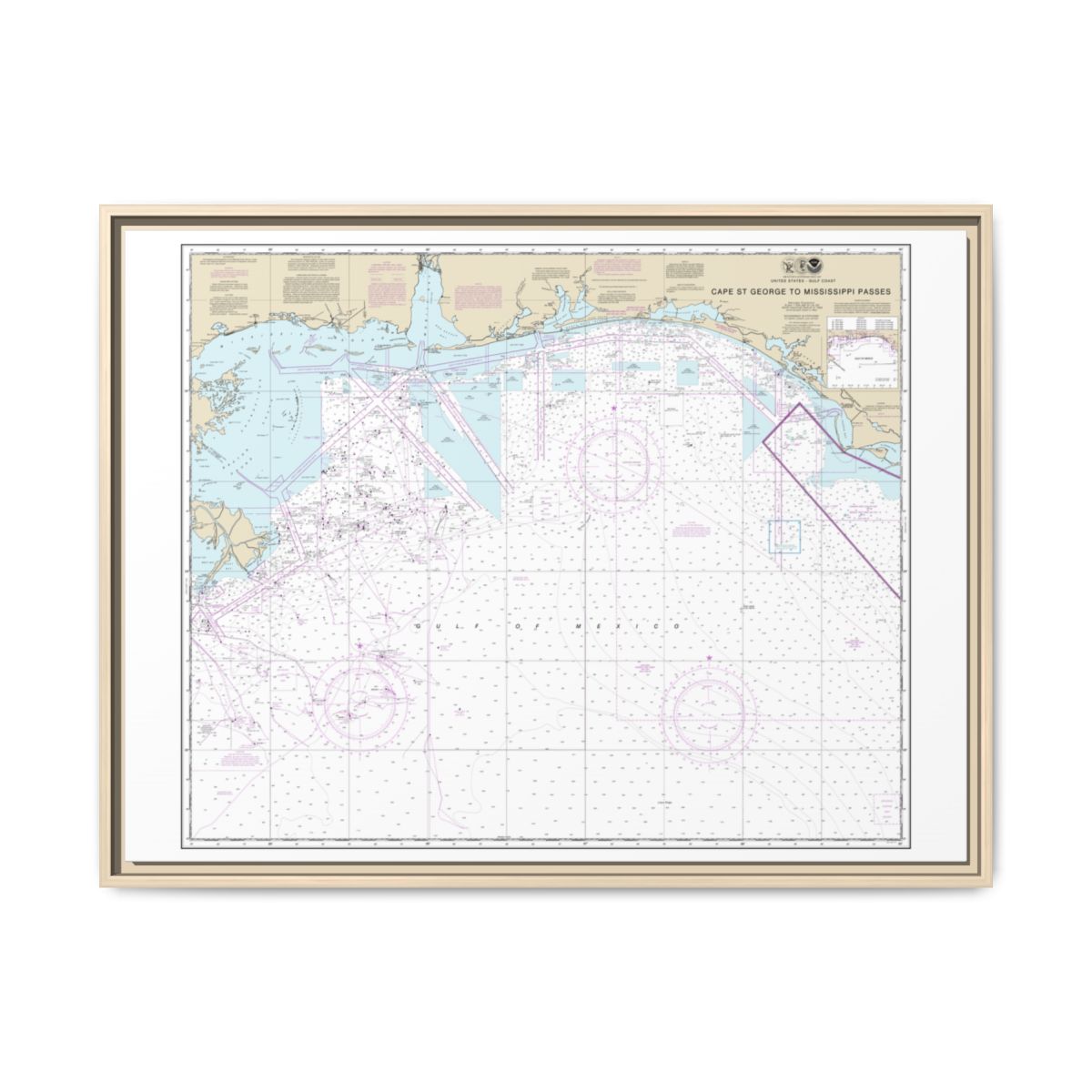 Chart 11360 Cape St. George to Mississippi Passes - NOAA Nautical Chart Floating Frame Canvas | 32" x 24" | 40" x 30" - Natural front
