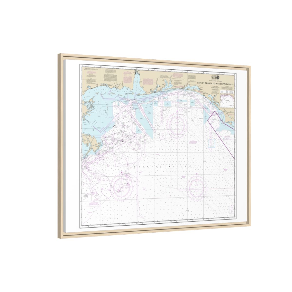 Chart 11360 Cape St. George to Mississippi Passes - NOAA Nautical Chart Floating Frame Canvas | 32" x 24" | 40" x 30" - Natural side