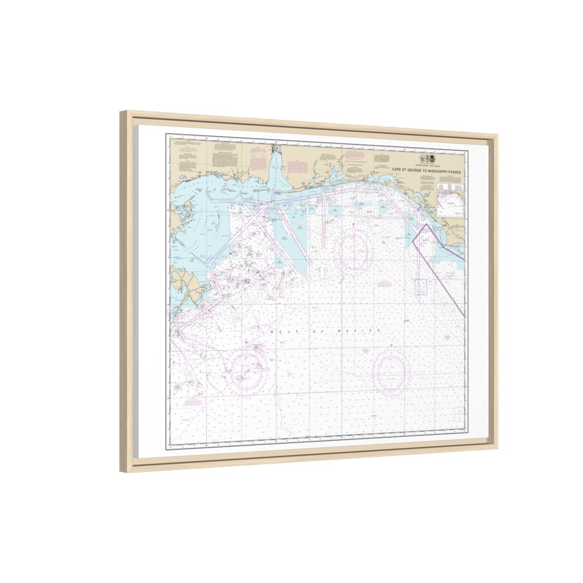 Chart 11360 Cape St. George to Mississippi Passes - NOAA Nautical Chart Floating Frame Canvas | 32" x 24" | 40" x 30" - Natural side