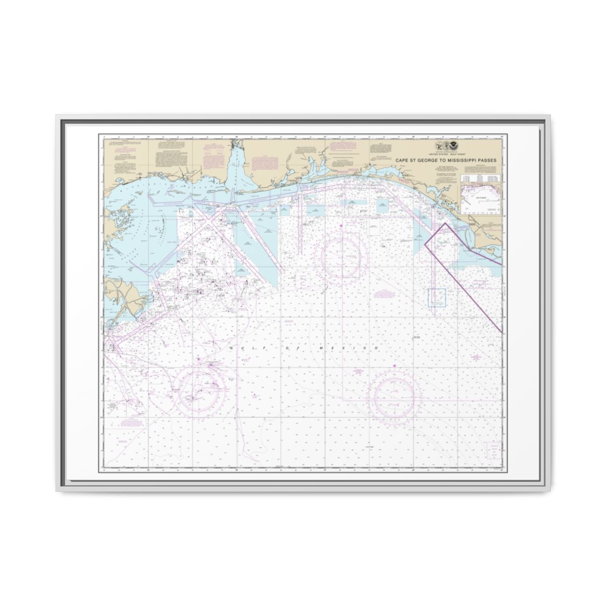 Chart 11360 Cape St. George to Mississippi Passes - NOAA Nautical Chart Floating Frame Canvas | 32" x 24" | 40" x 30" - White front