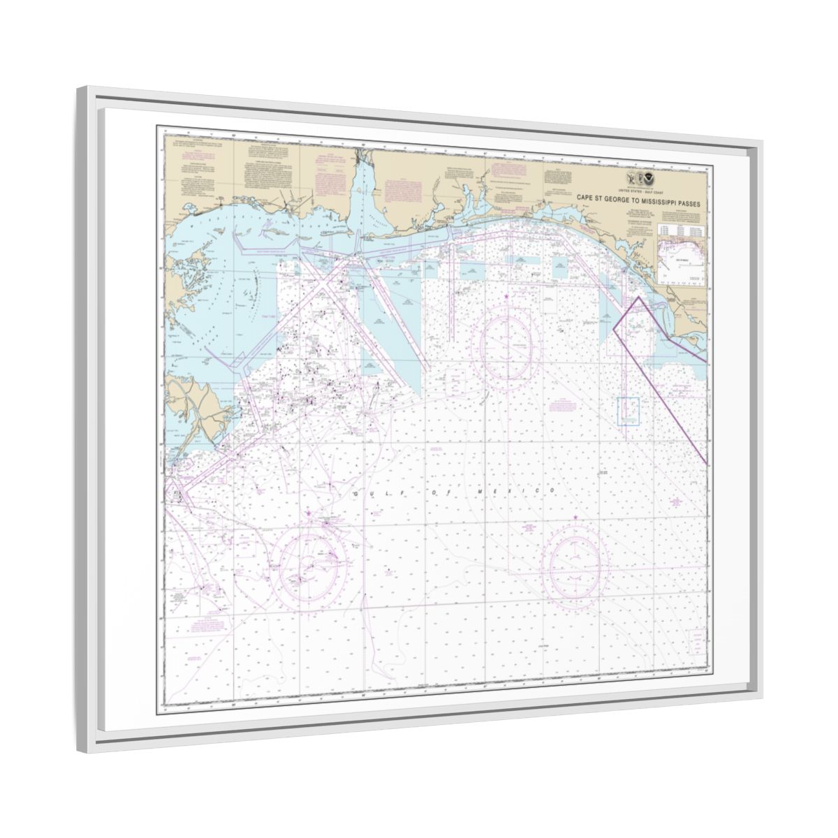 Chart 11360 Cape St. George to Mississippi Passes - NOAA Nautical Chart Floating Frame Canvas | 32" x 24" | 40" x 30" - White side