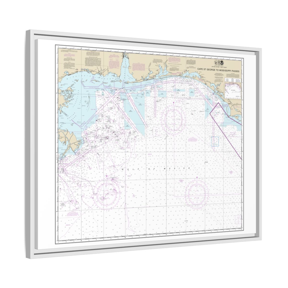 Chart 11360 Cape St. George to Mississippi Passes - NOAA Nautical Chart Floating Frame Canvas | 32" x 24" | 40" x 30" - White side