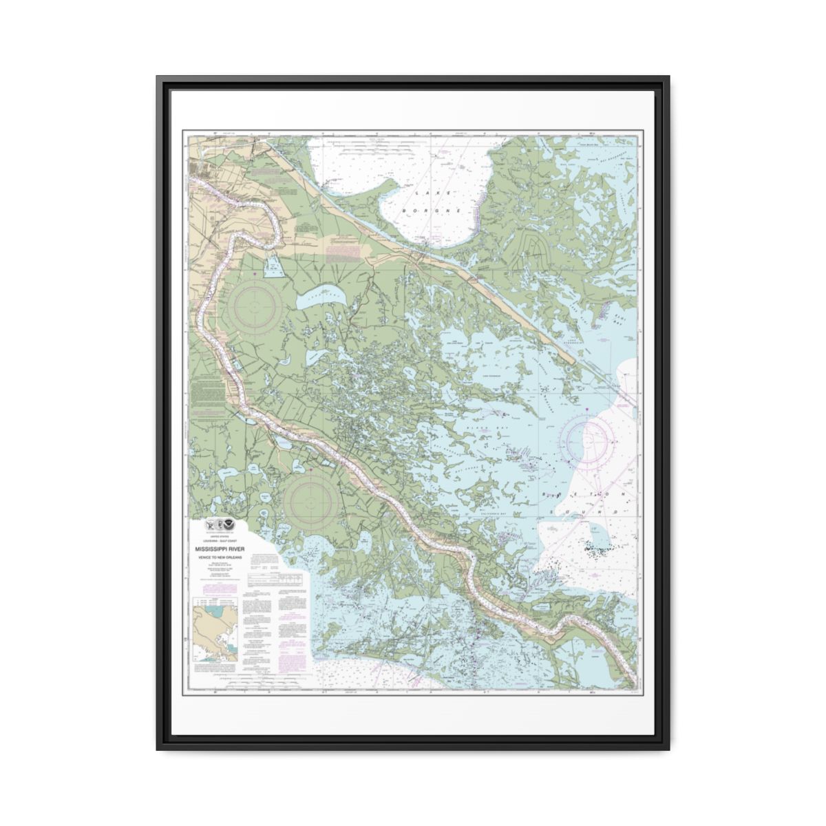 Chart 11364 Mississippi River-Venice to New Orleans - NOAA Nautical Chart Floating Frame Canvas | 24" x 32" | 30" x 40" - Black front