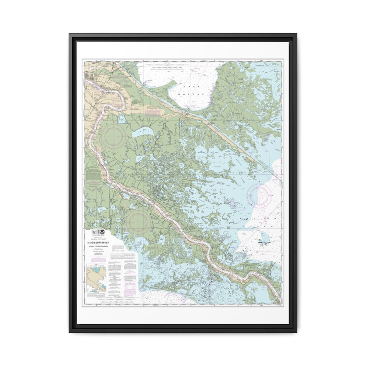 Chart 11364 Mississippi River-Venice to New Orleans - NOAA Nautical Chart Floating Frame Canvas | 24" x 32" | 30" x 40" - Black front