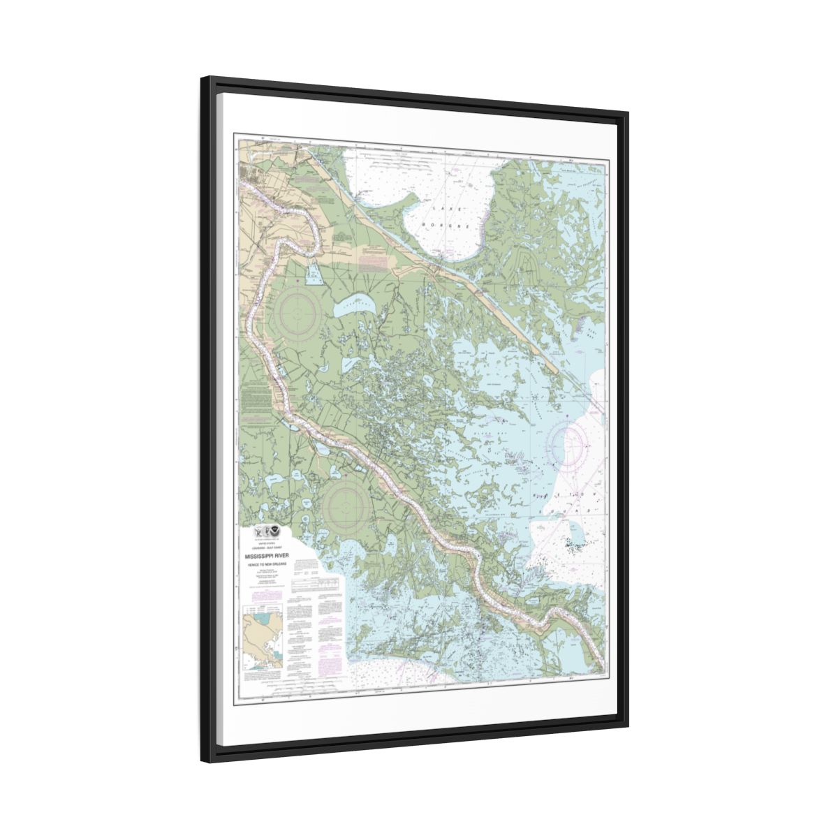 Chart 11364 Mississippi River-Venice to New Orleans - NOAA Nautical Chart Floating Frame Canvas | 24" x 32" | 30" x 40" - Black side