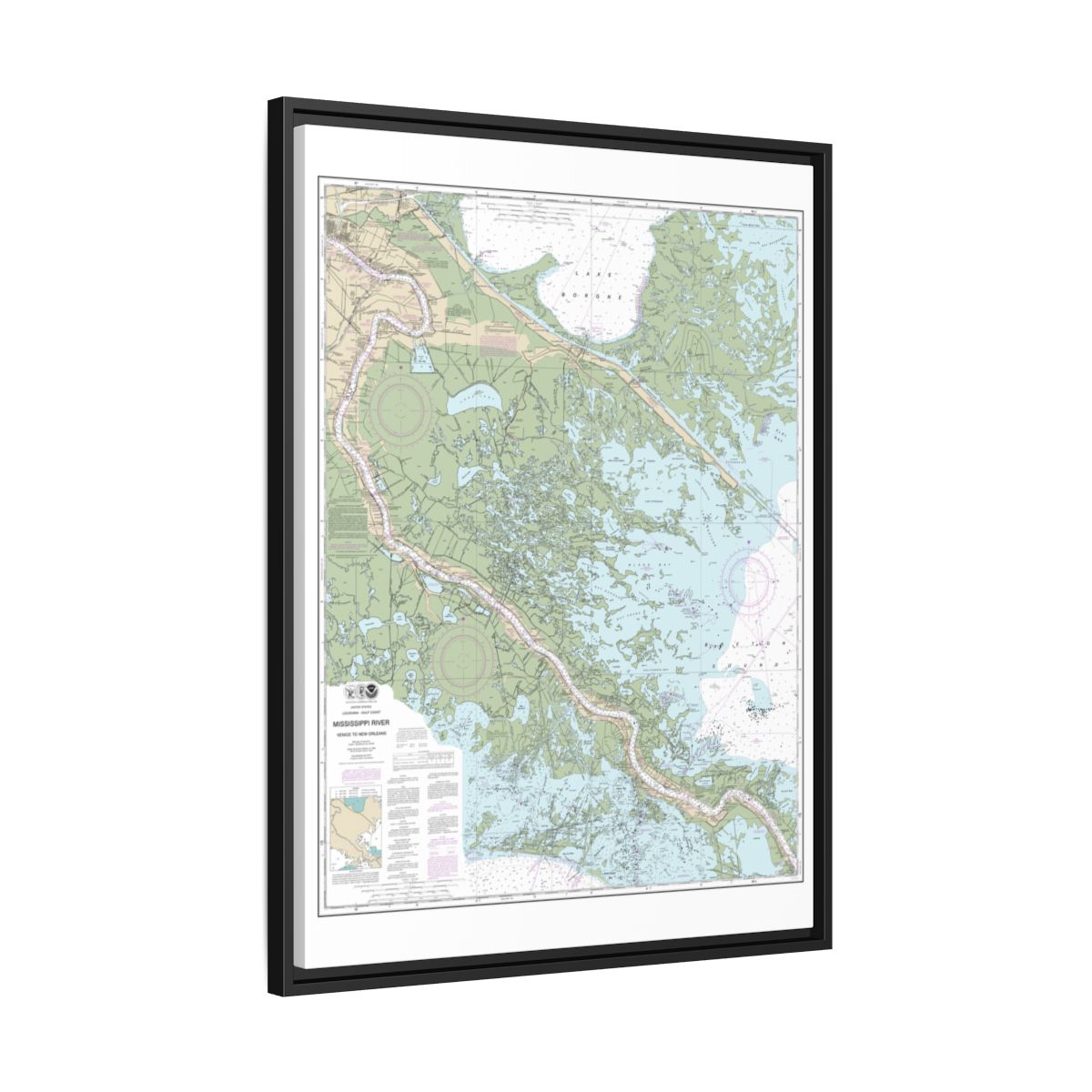 Chart 11364 Mississippi River-Venice to New Orleans - NOAA Nautical Chart Floating Frame Canvas | 24" x 32" | 30" x 40" - Black side
