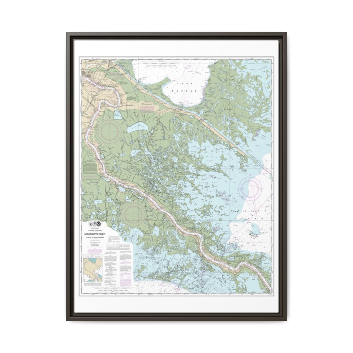 Chart 11364 Mississippi River-Venice to New Orleans - NOAA Nautical Chart Floating Frame Canvas | 24" x 32" | 30" x 40" - Espresso front