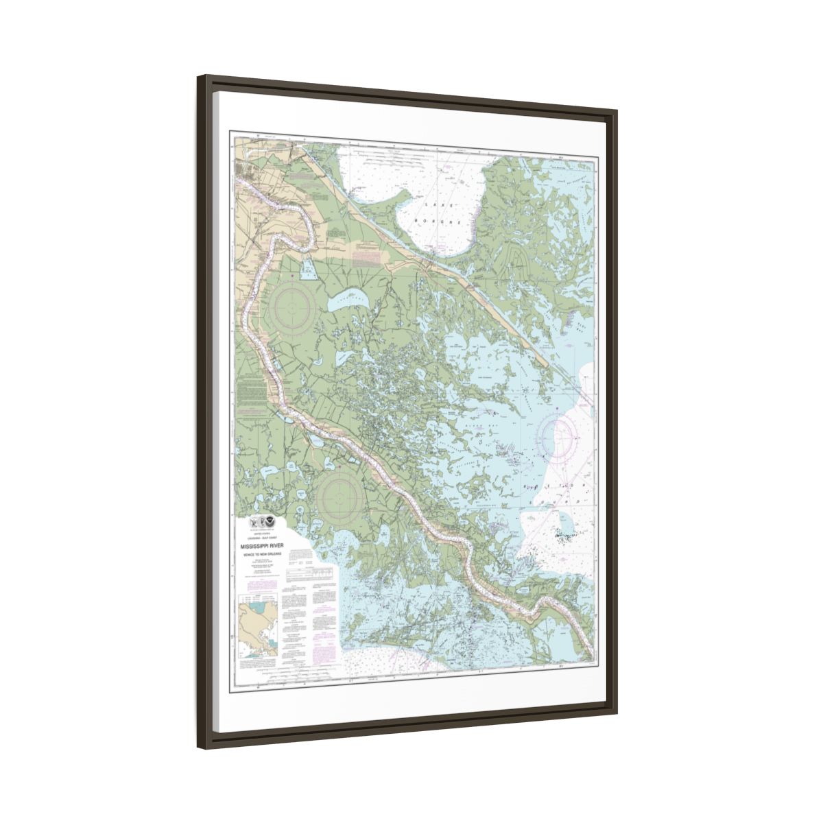 Chart 11364 Mississippi River-Venice to New Orleans - NOAA Nautical Chart Floating Frame Canvas | 24" x 32" | 30" x 40" - Espresso side
