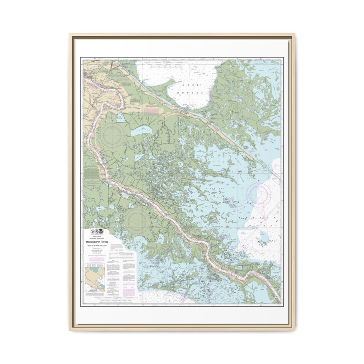 Chart 11364 Mississippi River-Venice to New Orleans - NOAA Nautical Chart Floating Frame Canvas | 24" x 32" | 30" x 40" - Natural front