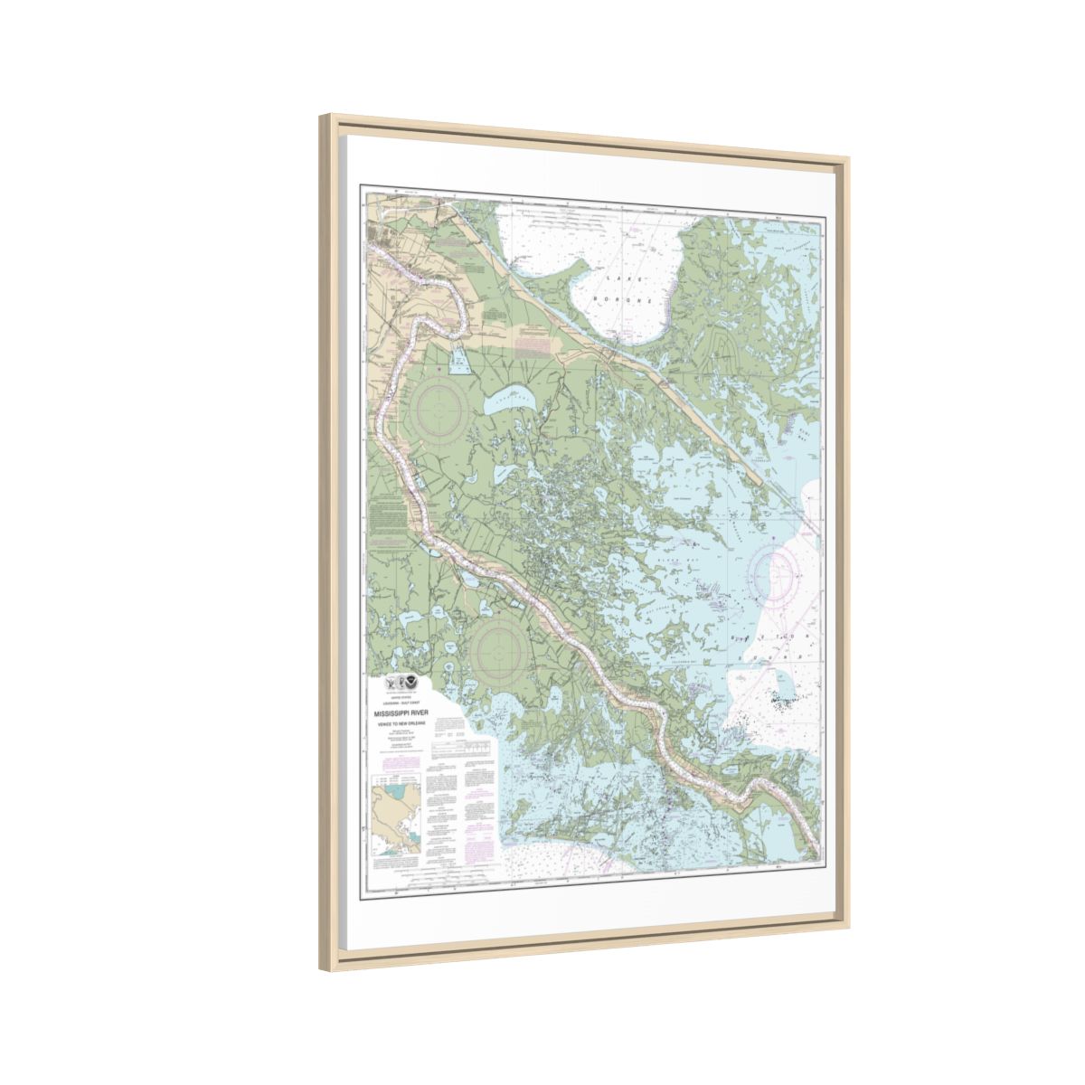 Chart 11364 Mississippi River-Venice to New Orleans - NOAA Nautical Chart Floating Frame Canvas | 24" x 32" | 30" x 40" - Natural side