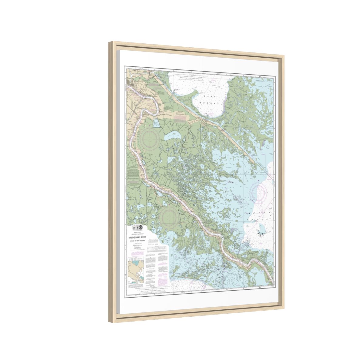 Chart 11364 Mississippi River-Venice to New Orleans - NOAA Nautical Chart Floating Frame Canvas | 24" x 32" | 30" x 40" - Natural side