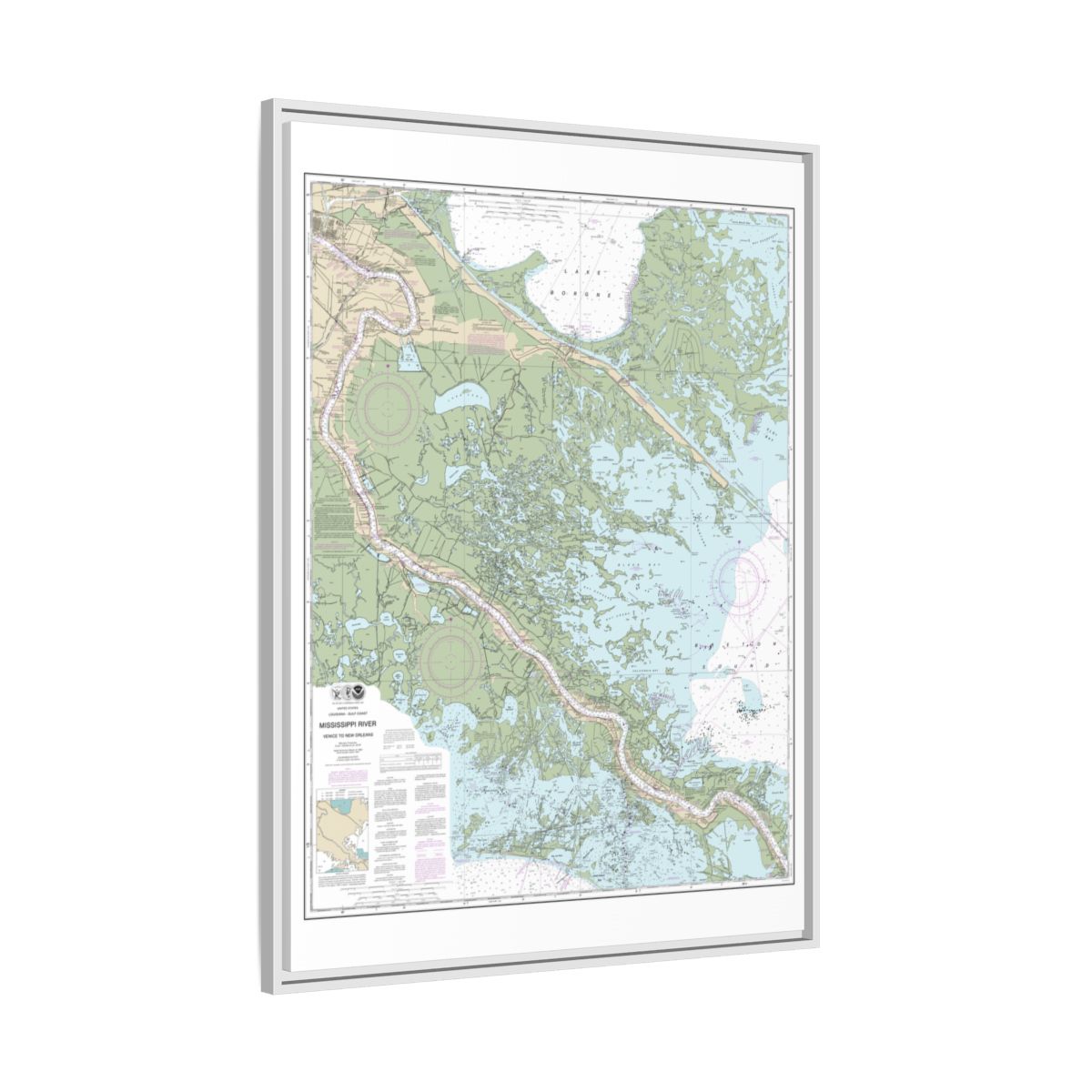 Chart 11364 Mississippi River-Venice to New Orleans - NOAA Nautical Chart Floating Frame Canvas | 24" x 32" | 30" x 40" - White side