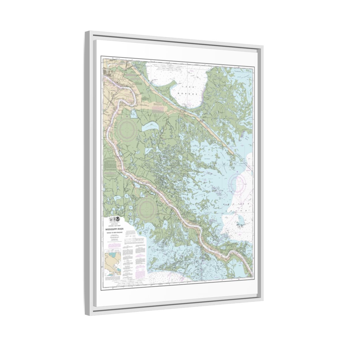 Chart 11364 Mississippi River-Venice to New Orleans - NOAA Nautical Chart Floating Frame Canvas | 24" x 32" | 30" x 40" - White side