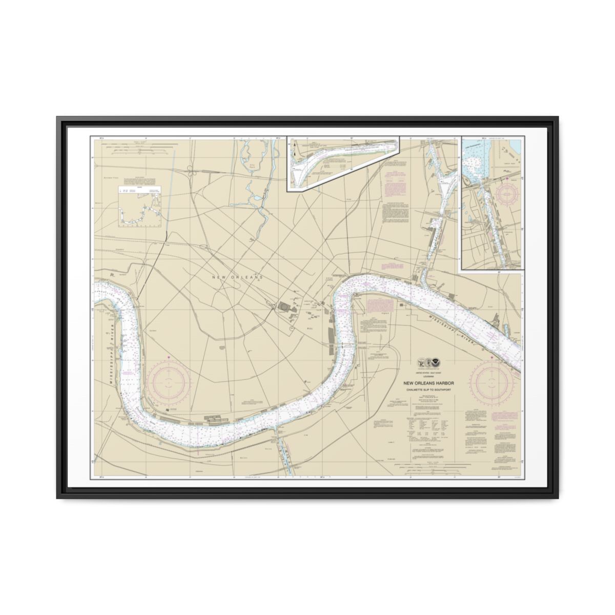 Chart 11368 New Orleans Harbor Chalmette Slip to Southport - NOAA Nautical Chart Floating Frame Canvas | 32" x 24" | 40" x 30" - Black front