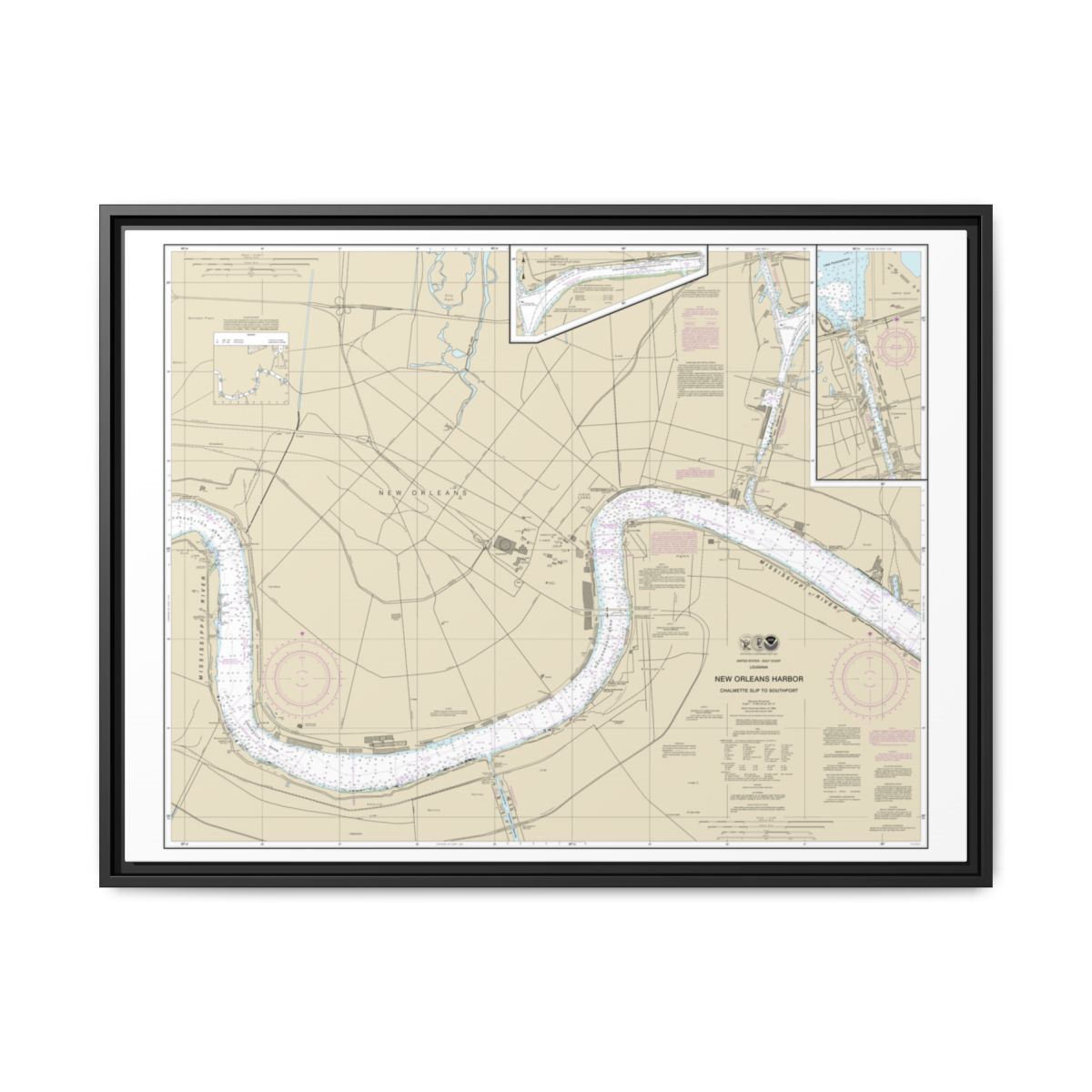 Chart 11368 New Orleans Harbor Chalmette Slip to Southport - NOAA Nautical Chart Floating Frame Canvas | 32" x 24" | 40" x 30" - Black front