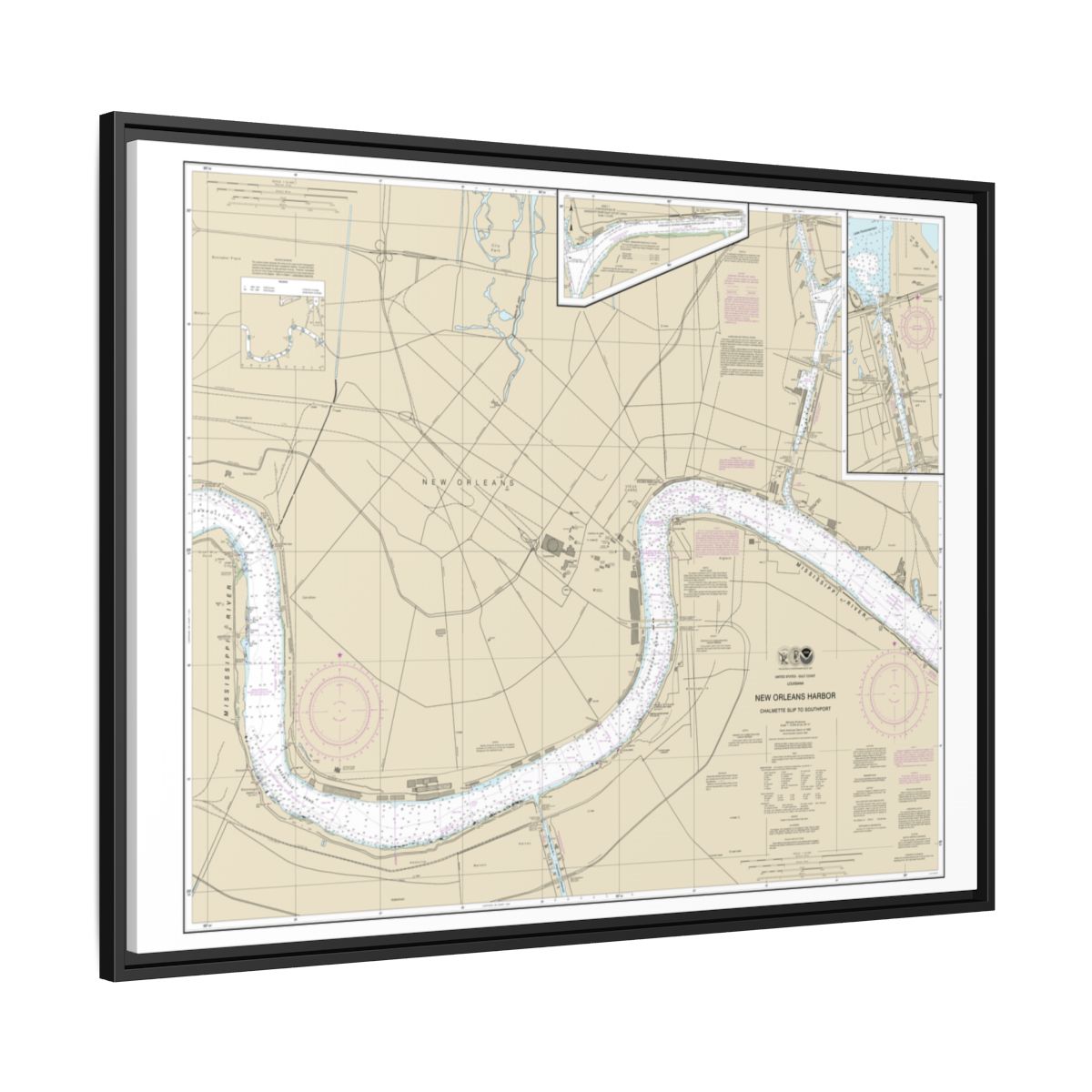 Chart 11368 New Orleans Harbor Chalmette Slip to Southport - NOAA Nautical Chart Floating Frame Canvas | 32" x 24" | 40" x 30" - Black side