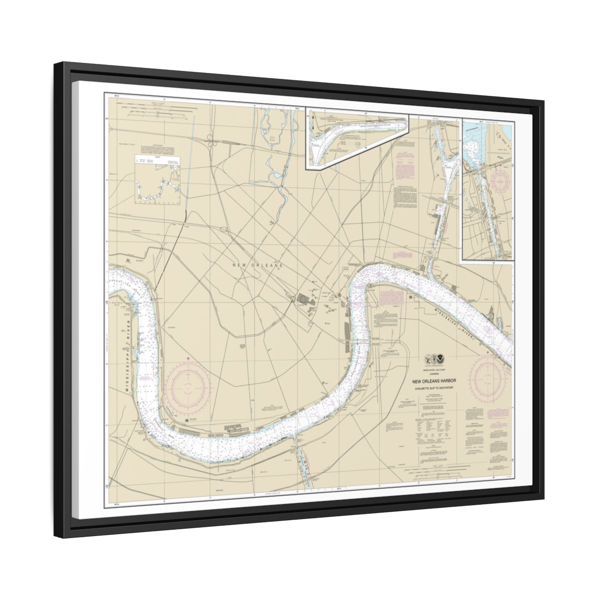 Chart 11368 New Orleans Harbor Chalmette Slip to Southport - NOAA Nautical Chart Floating Frame Canvas | 32" x 24" | 40" x 30" - Black side