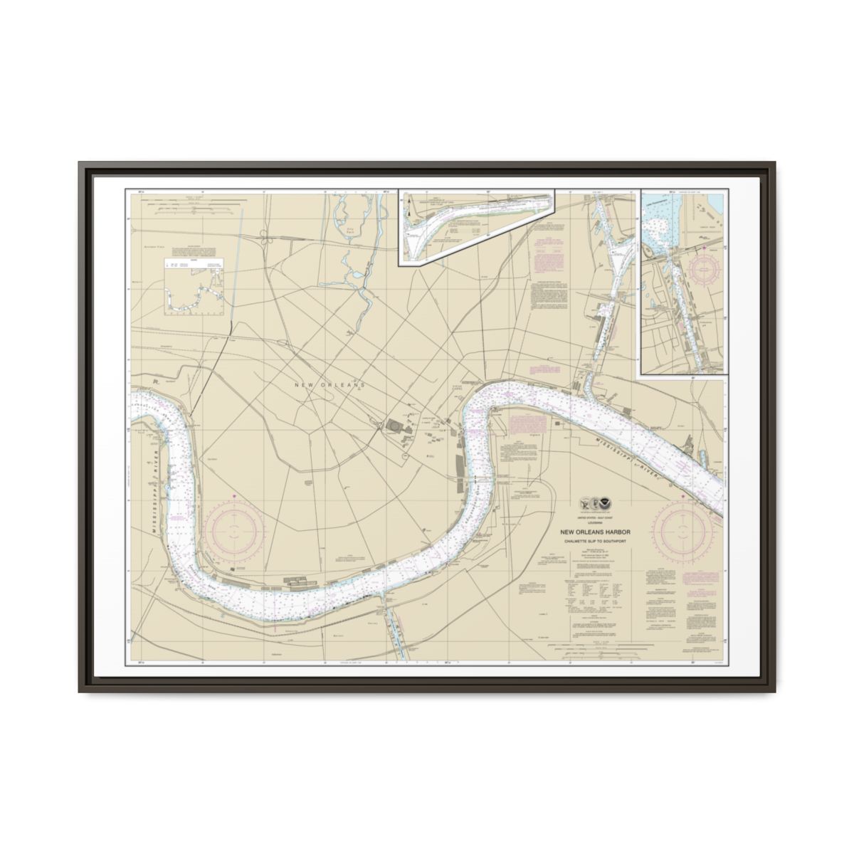 Chart 11368 New Orleans Harbor Chalmette Slip to Southport - NOAA Nautical Chart Floating Frame Canvas | 32" x 24" | 40" x 30" - Espresso front