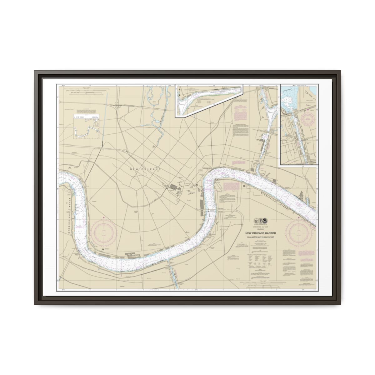 Chart 11368 New Orleans Harbor Chalmette Slip to Southport - NOAA Nautical Chart Floating Frame Canvas | 32" x 24" | 40" x 30" - Espresso front