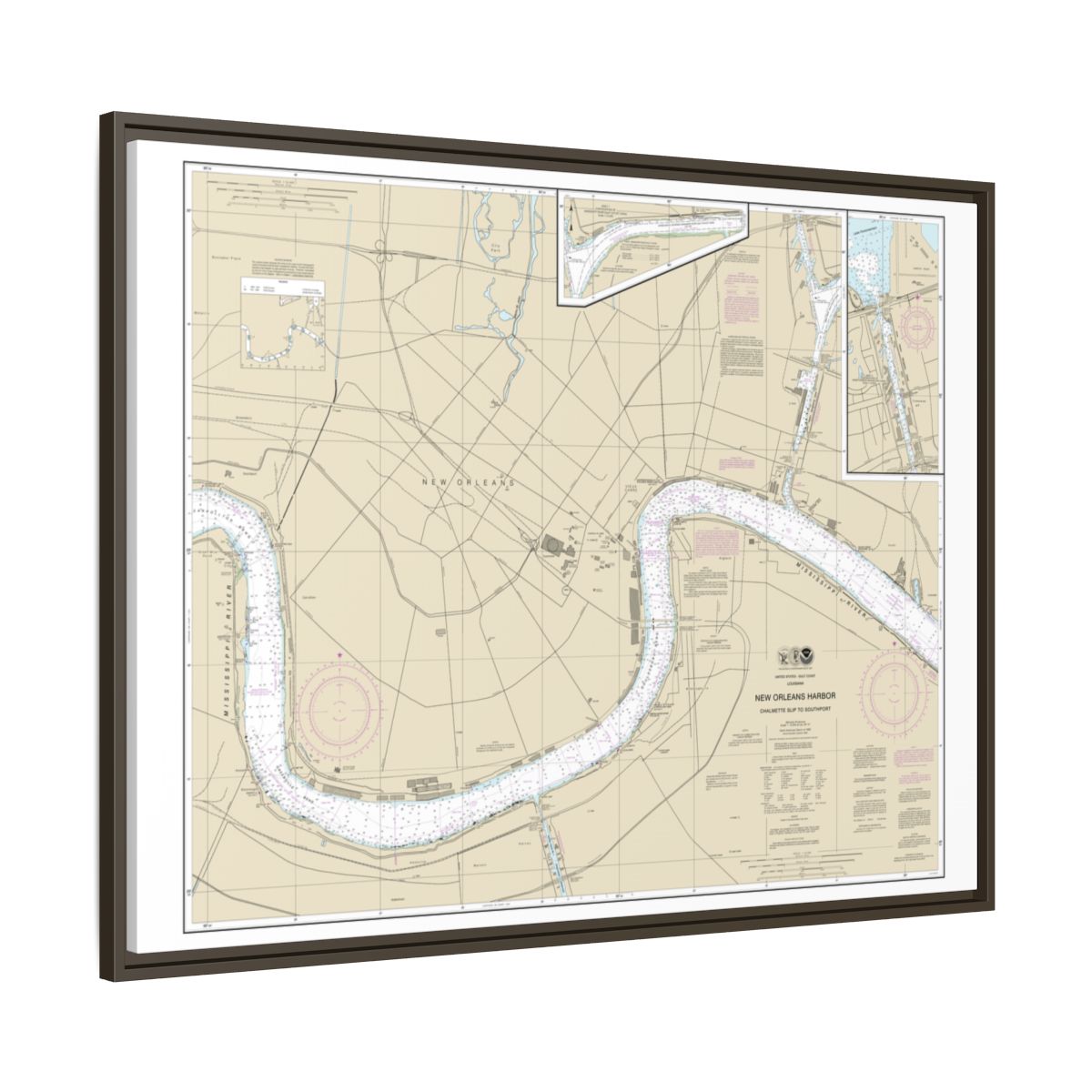 Chart 11368 New Orleans Harbor Chalmette Slip to Southport - NOAA Nautical Chart Floating Frame Canvas | 32" x 24" | 40" x 30" - Espresso side