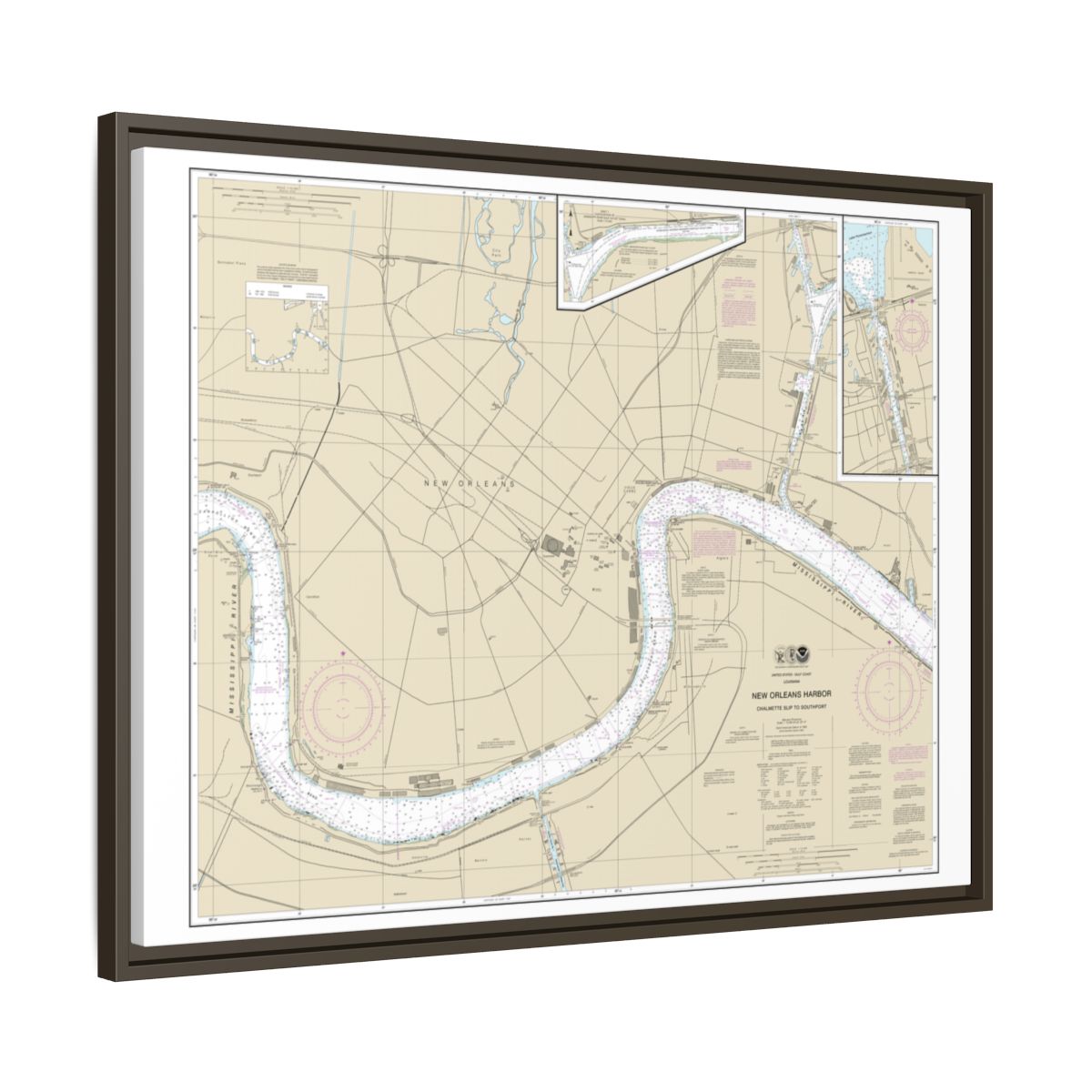 Chart 11368 New Orleans Harbor Chalmette Slip to Southport - NOAA Nautical Chart Floating Frame Canvas | 32" x 24" | 40" x 30" - Espresso side