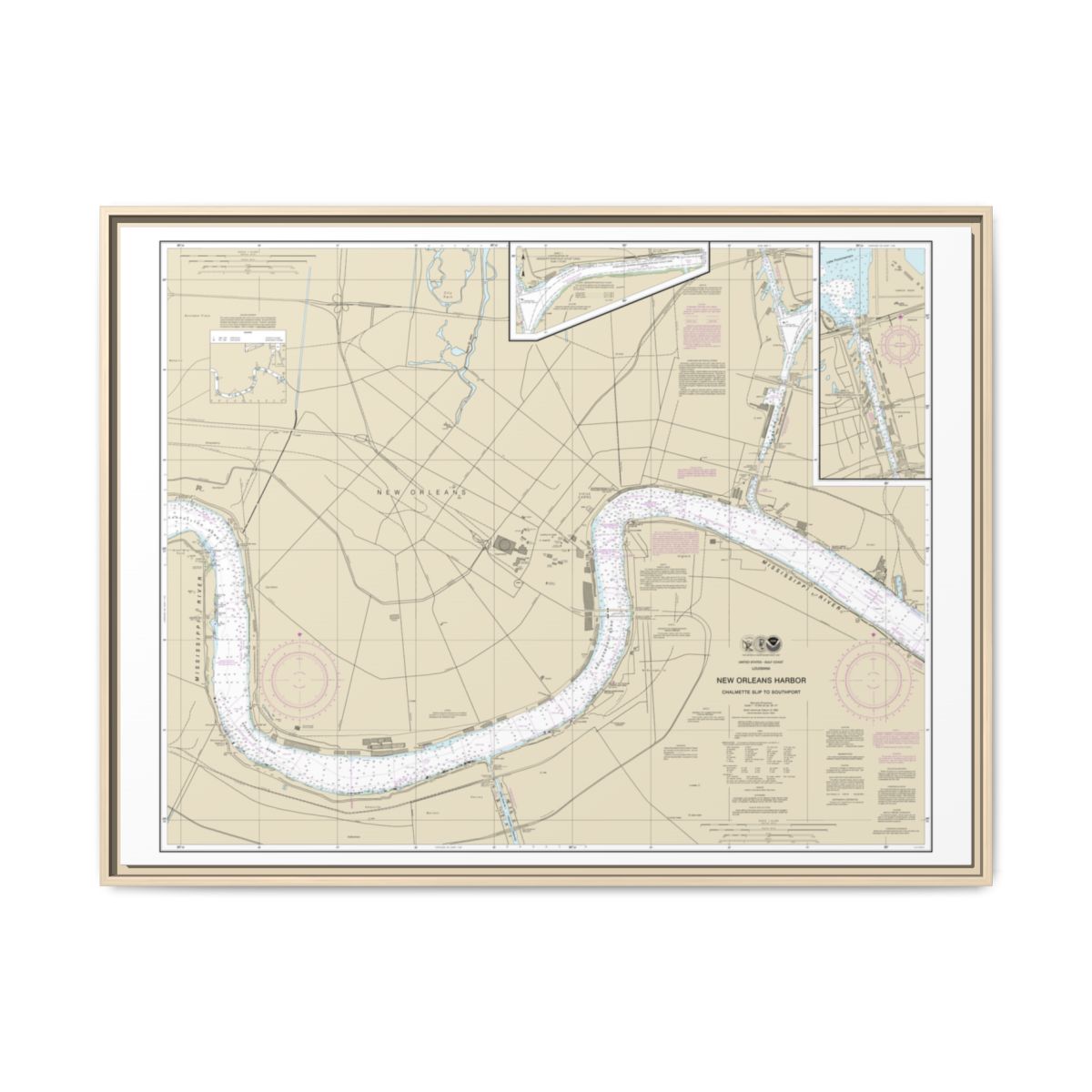 Chart 11368 New Orleans Harbor Chalmette Slip to Southport - NOAA Nautical Chart Floating Frame Canvas | 32" x 24" | 40" x 30" - Natural front