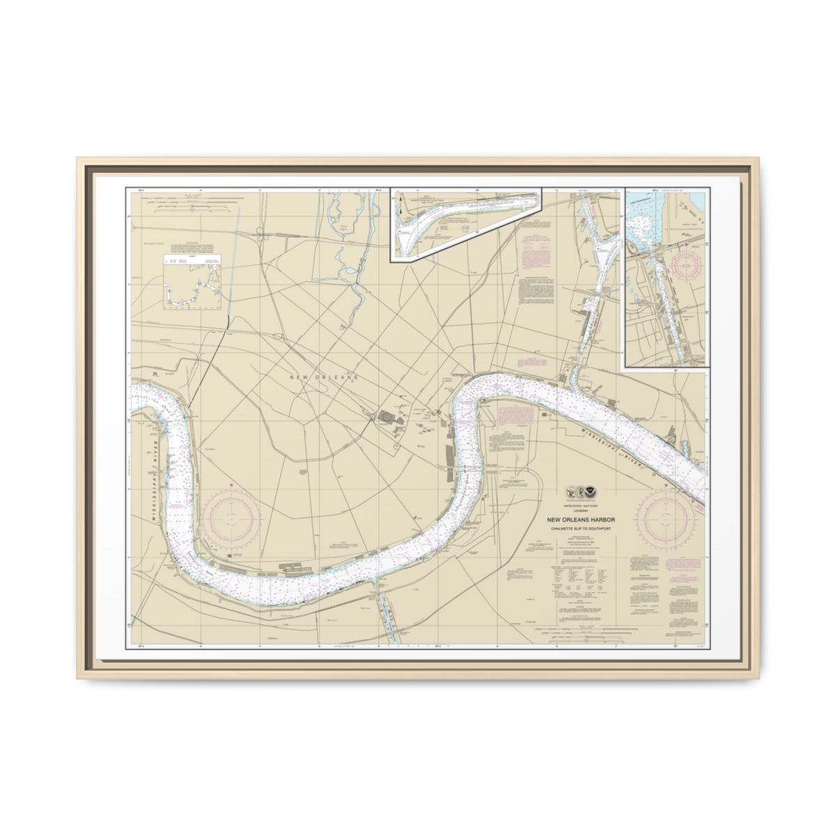 Chart 11368 New Orleans Harbor Chalmette Slip to Southport - NOAA Nautical Chart Floating Frame Canvas | 32" x 24" | 40" x 30" - Natural front