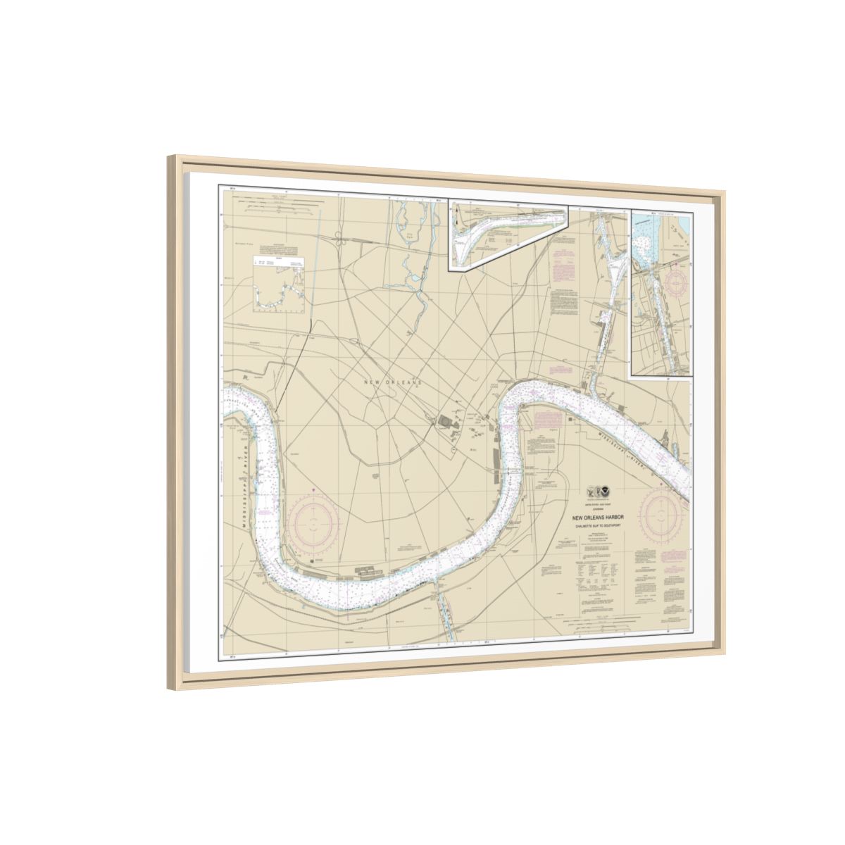 Chart 11368 New Orleans Harbor Chalmette Slip to Southport - NOAA Nautical Chart Floating Frame Canvas | 32" x 24" | 40" x 30" - Natural side