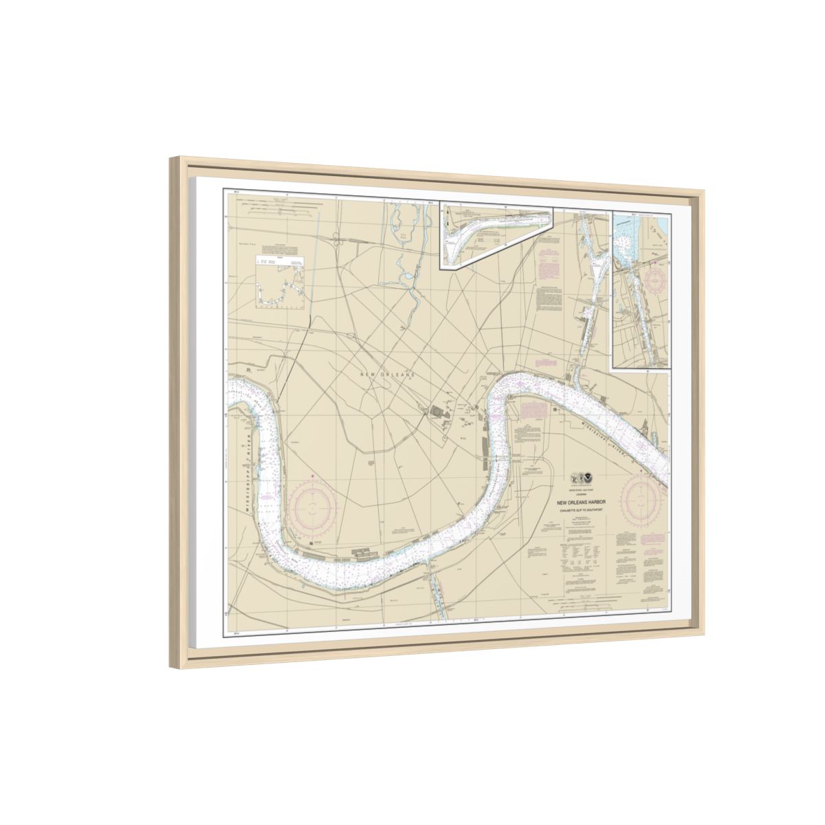 Chart 11368 New Orleans Harbor Chalmette Slip to Southport - NOAA Nautical Chart Floating Frame Canvas | 32" x 24" | 40" x 30" - Natural side
