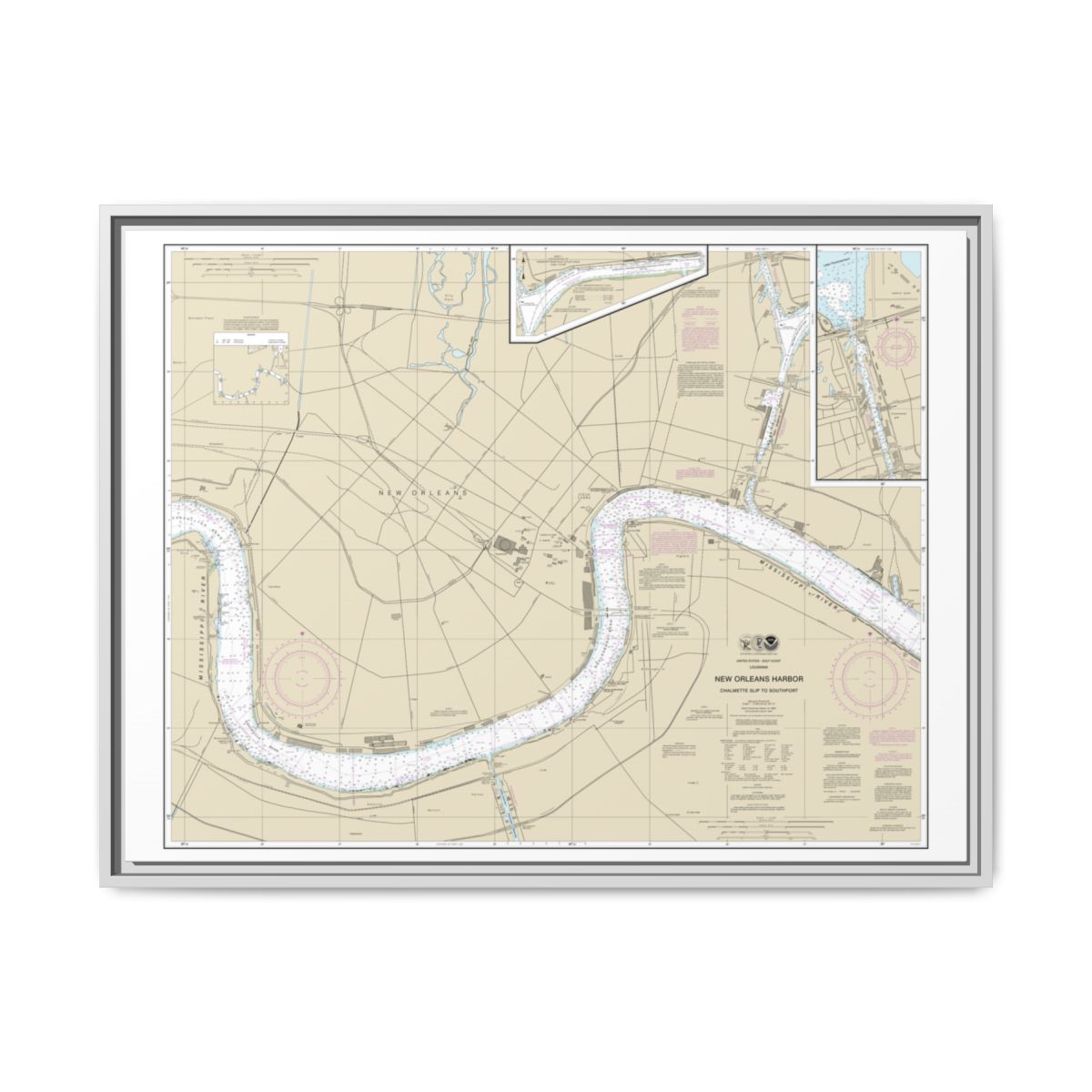 Chart 11368 New Orleans Harbor Chalmette Slip to Southport - NOAA Nautical Chart Floating Frame Canvas | 32" x 24" | 40" x 30" - White front
