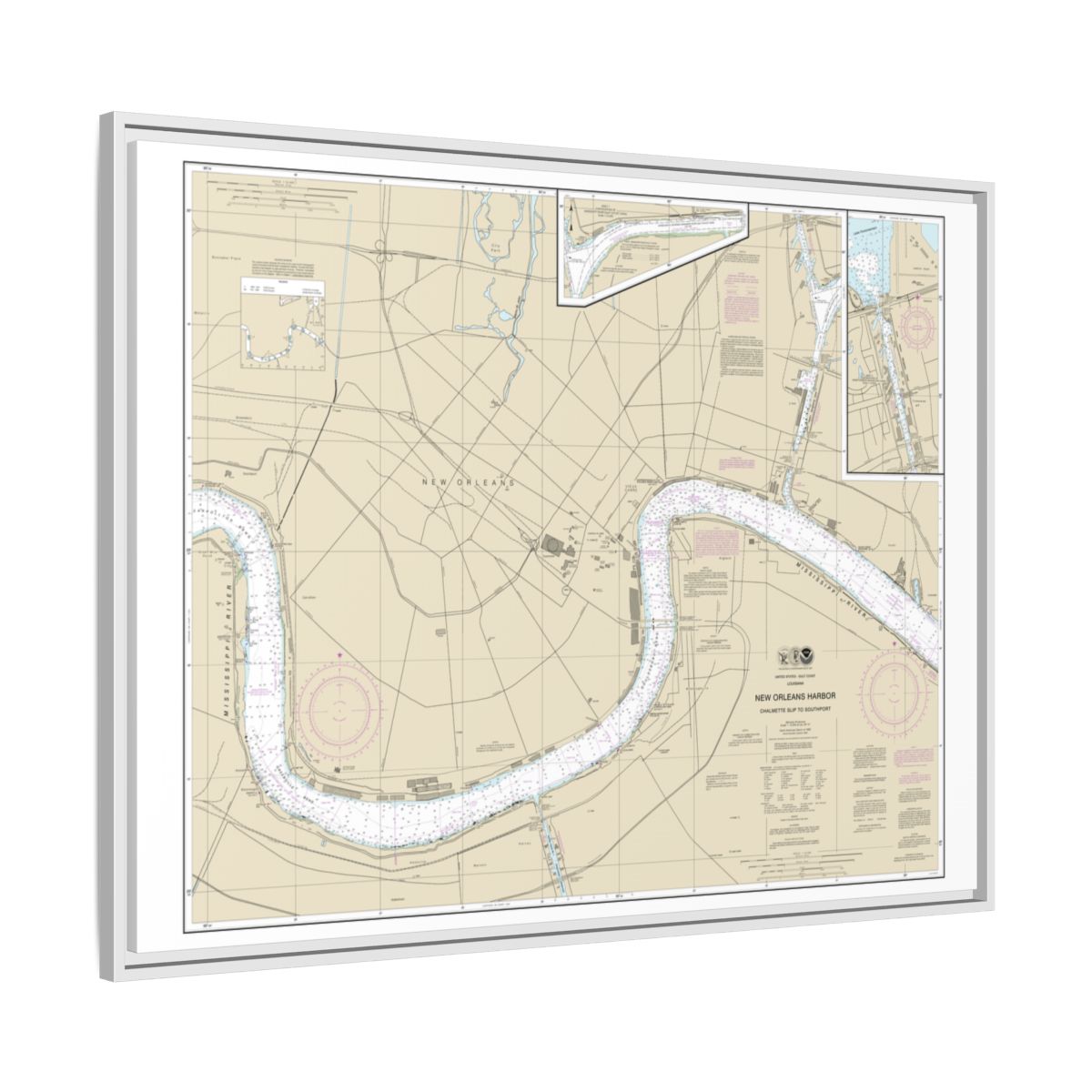 Chart 11368 New Orleans Harbor Chalmette Slip to Southport - NOAA Nautical Chart Floating Frame Canvas | 32" x 24" | 40" x 30" - White side