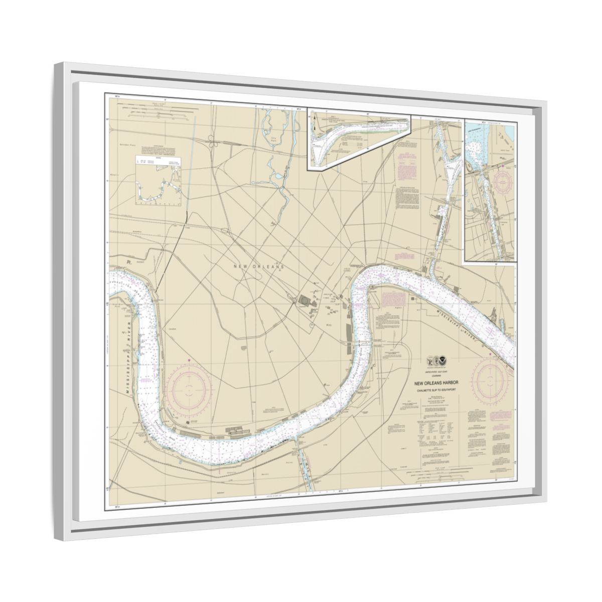 Chart 11368 New Orleans Harbor Chalmette Slip to Southport - NOAA Nautical Chart Floating Frame Canvas | 32" x 24" | 40" x 30" - White side